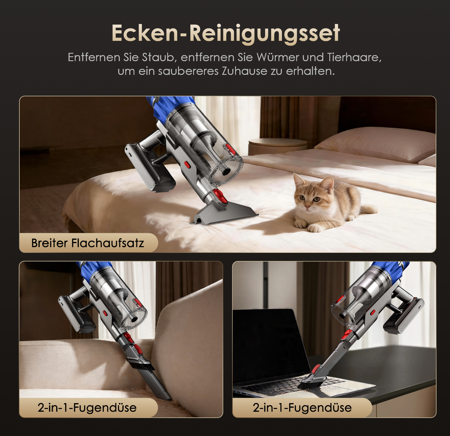 Ein Handstaubsauger mit Aufsätzen wird auf einem Bett, Sofa und Laptop gezeigt.