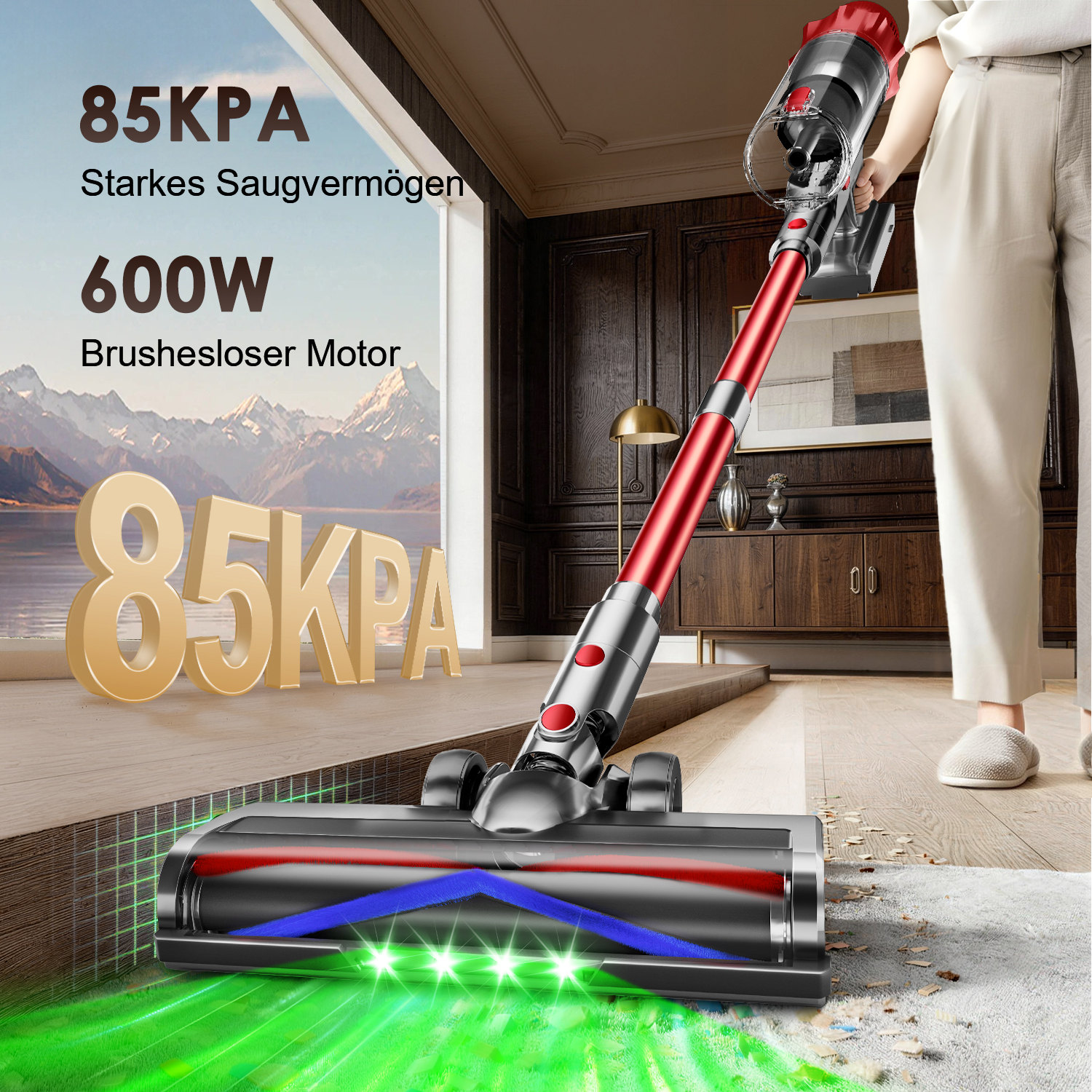 Staubsauger saugt Schmutz auf, mit Text "85KPA Starkes Saugvermögen 600W".