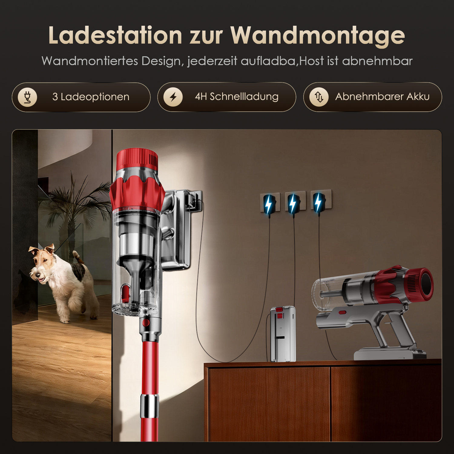 Wandmontierte Ladestation mit Staubsauger und Hund.