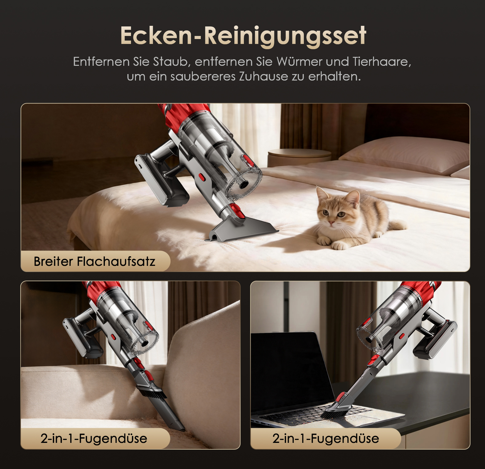 Ein Staubsauger mit Zubehör wird auf einem Bett, Sofa und Laptop gezeigt.