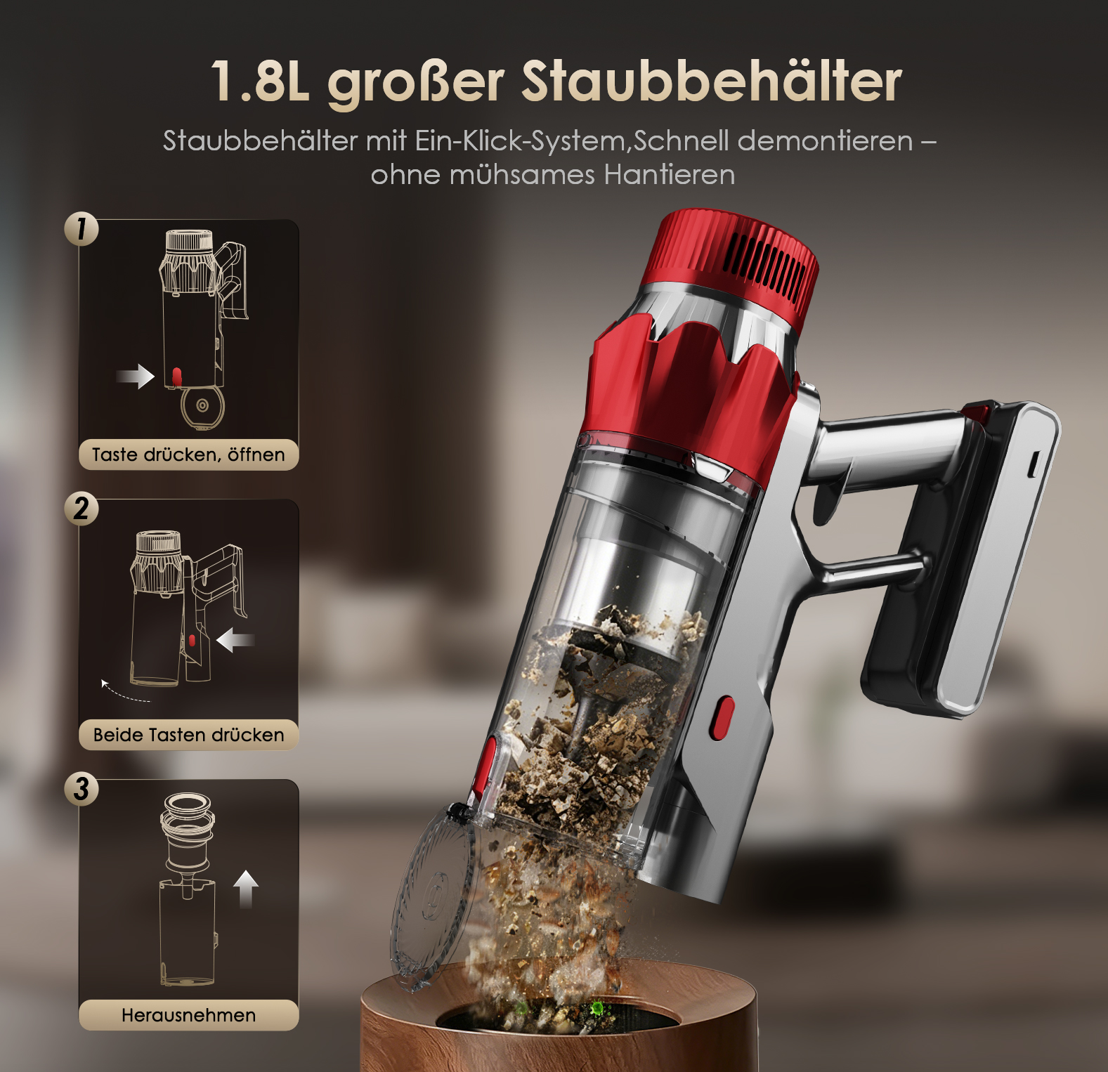 Ein roter und silberner Staubsaugerbehälter entleert Staub in einen Holzbehälter.