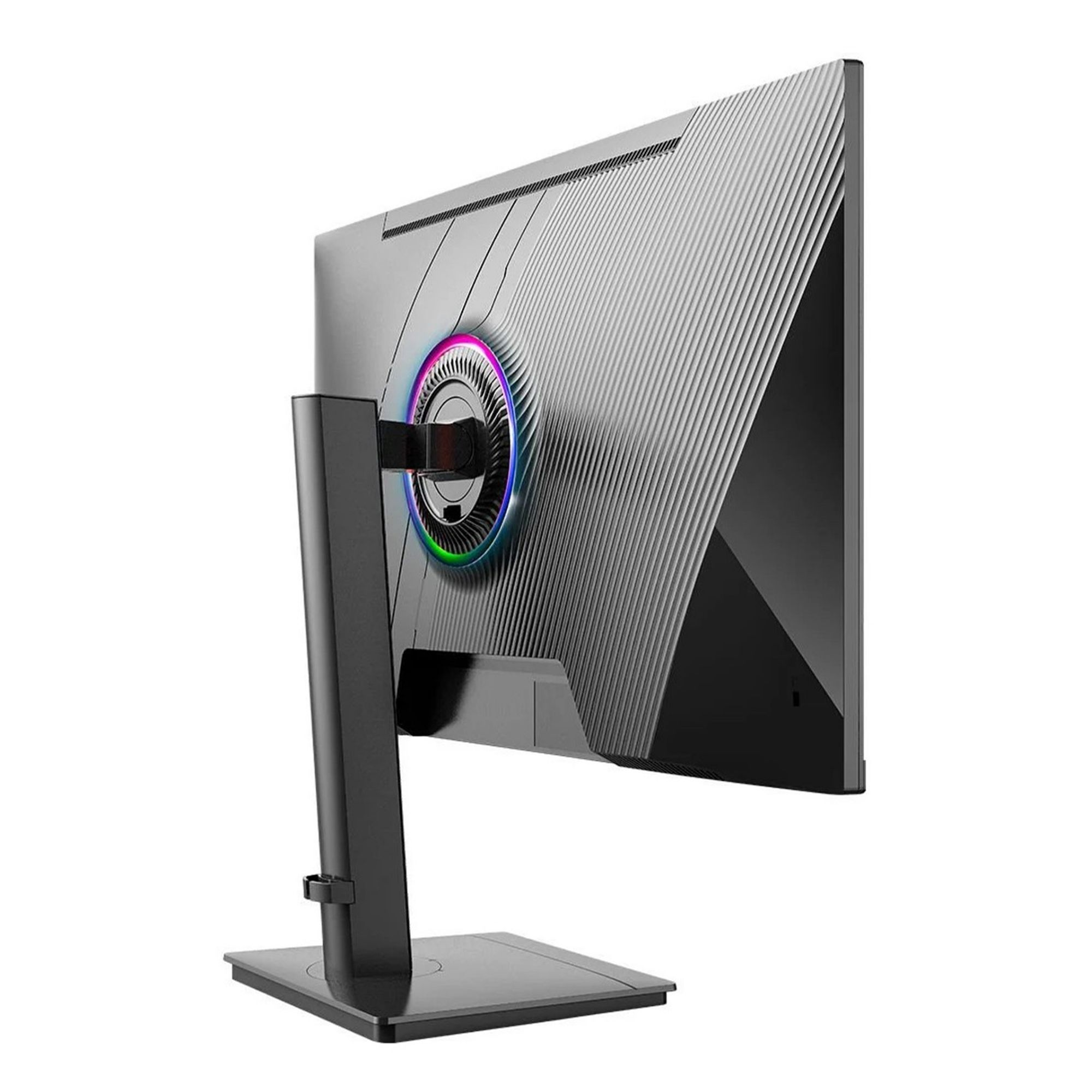 Dokuya sahip arka yüzü ve RGB aydınlatma halkası olan gümüş rengi monitörün arka görünümü.