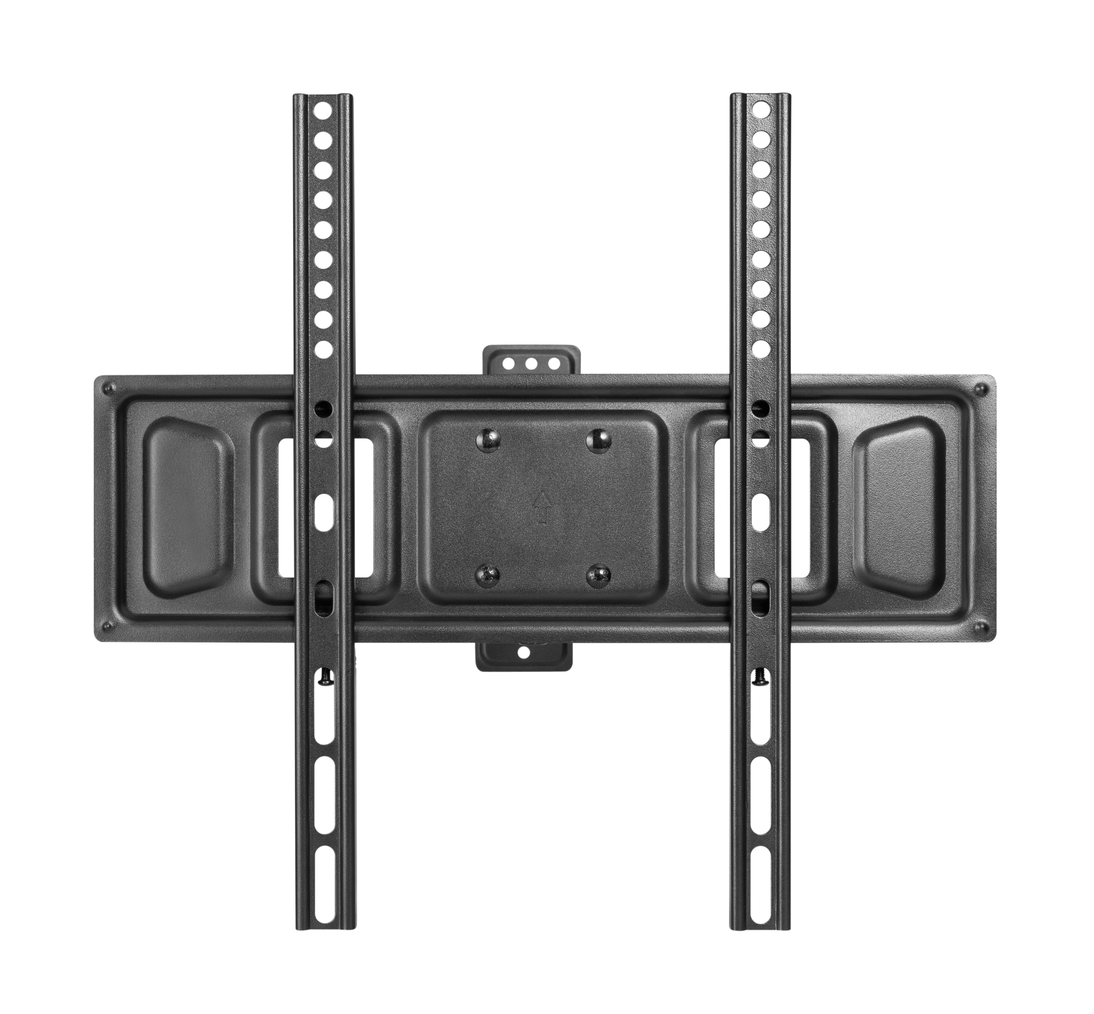 Un supporto da parete per TV nero con bracci regolabili e fori di montaggio.