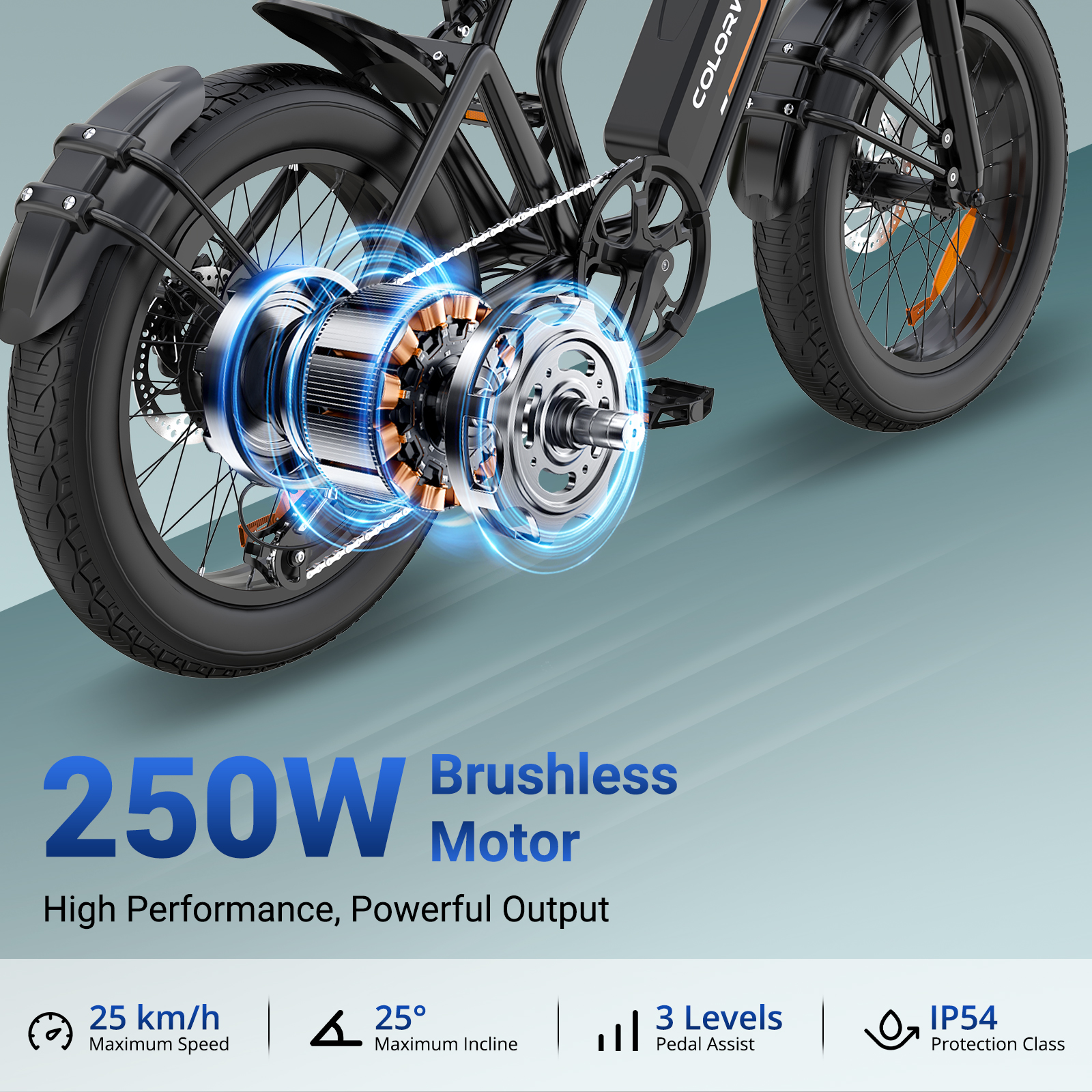 Zbliżenie roweru elektrycznego z silnikiem bezszczotkowym 250W, maks. prędkość 25 km/h.