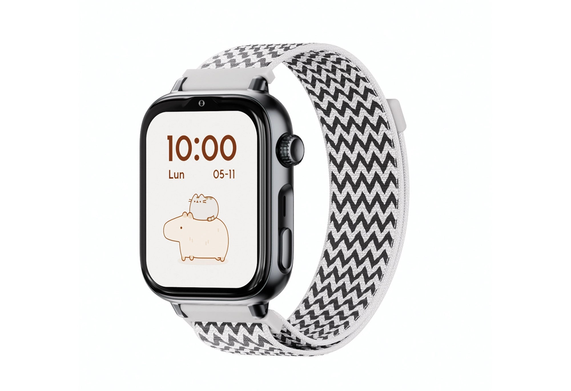 Uno smartwatch grigio con cinturino a fantasia zigzag. Lo schermo mostra le 10:00 e un disegno carino.