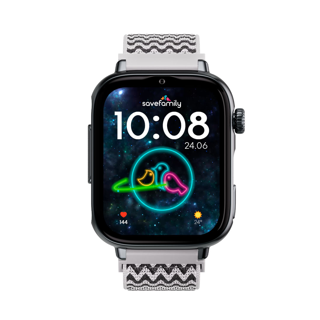 Un elegante smartwatch con quadrante a tema spaziale che mostra due uccelli.