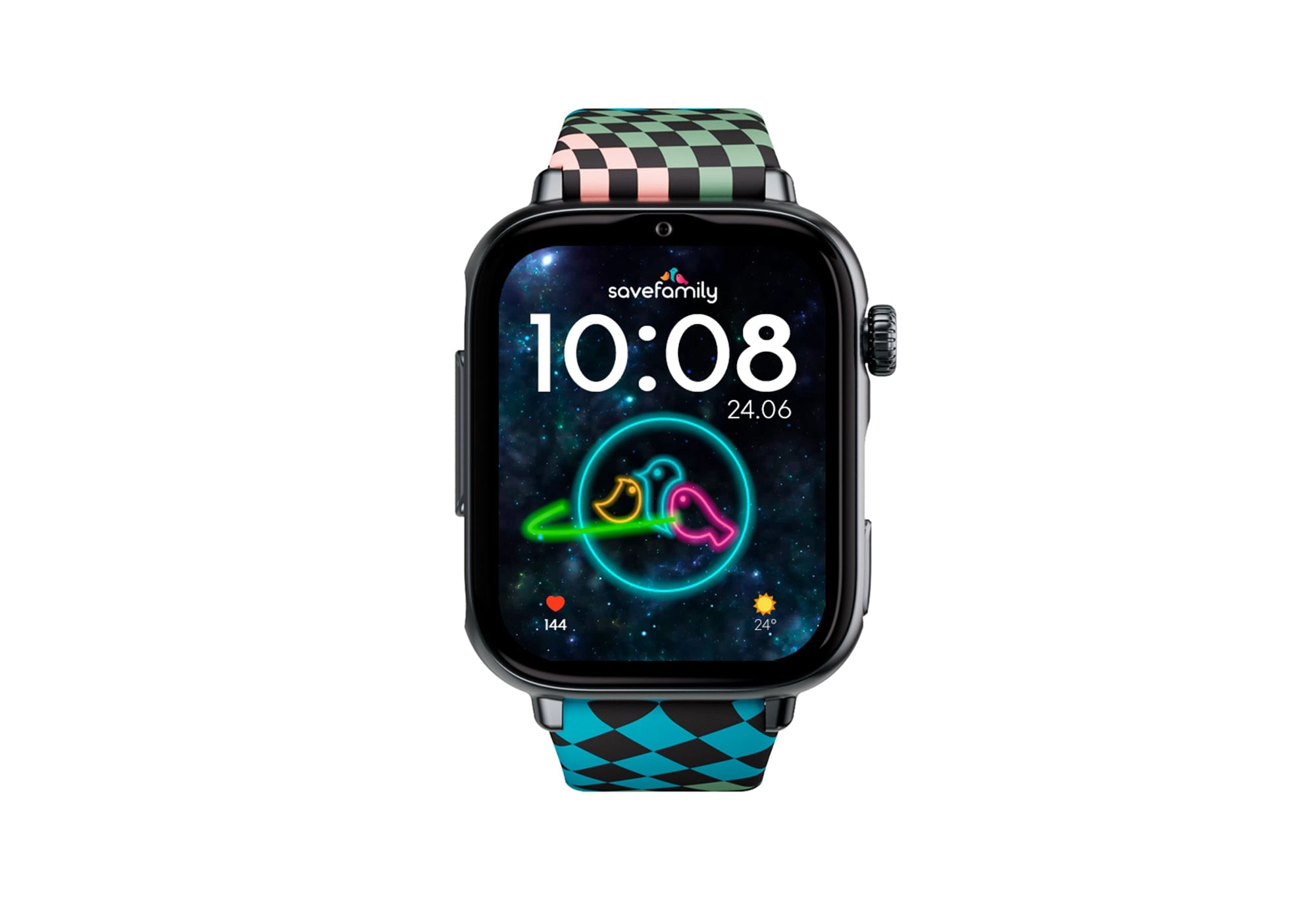 Eine Smartwatch mit schwarz-grünem kariertem Armband und Weltraum-Display.