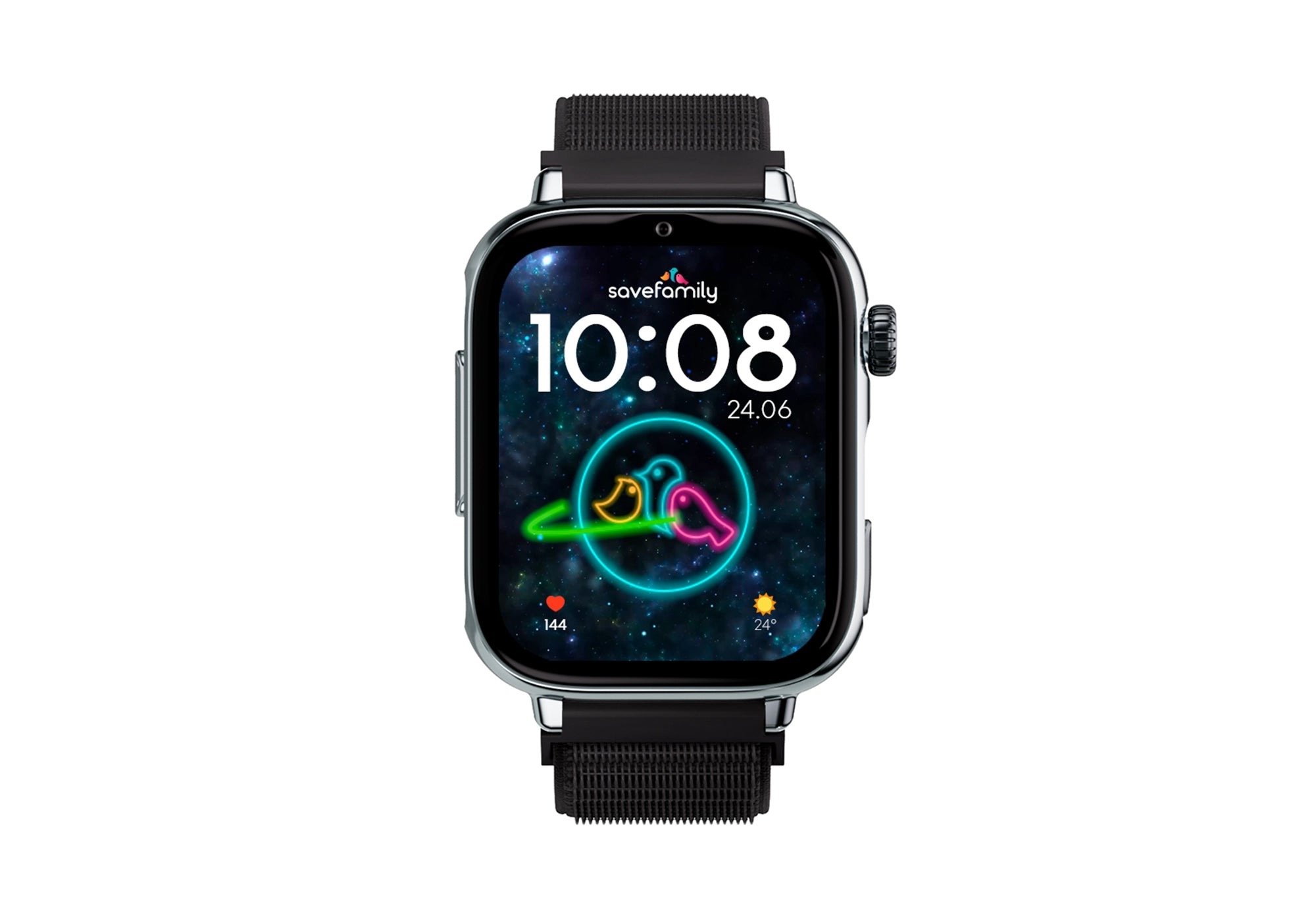 Uno smartwatch con cinturino nero mostra le 10:08 con sfondo spaziale.