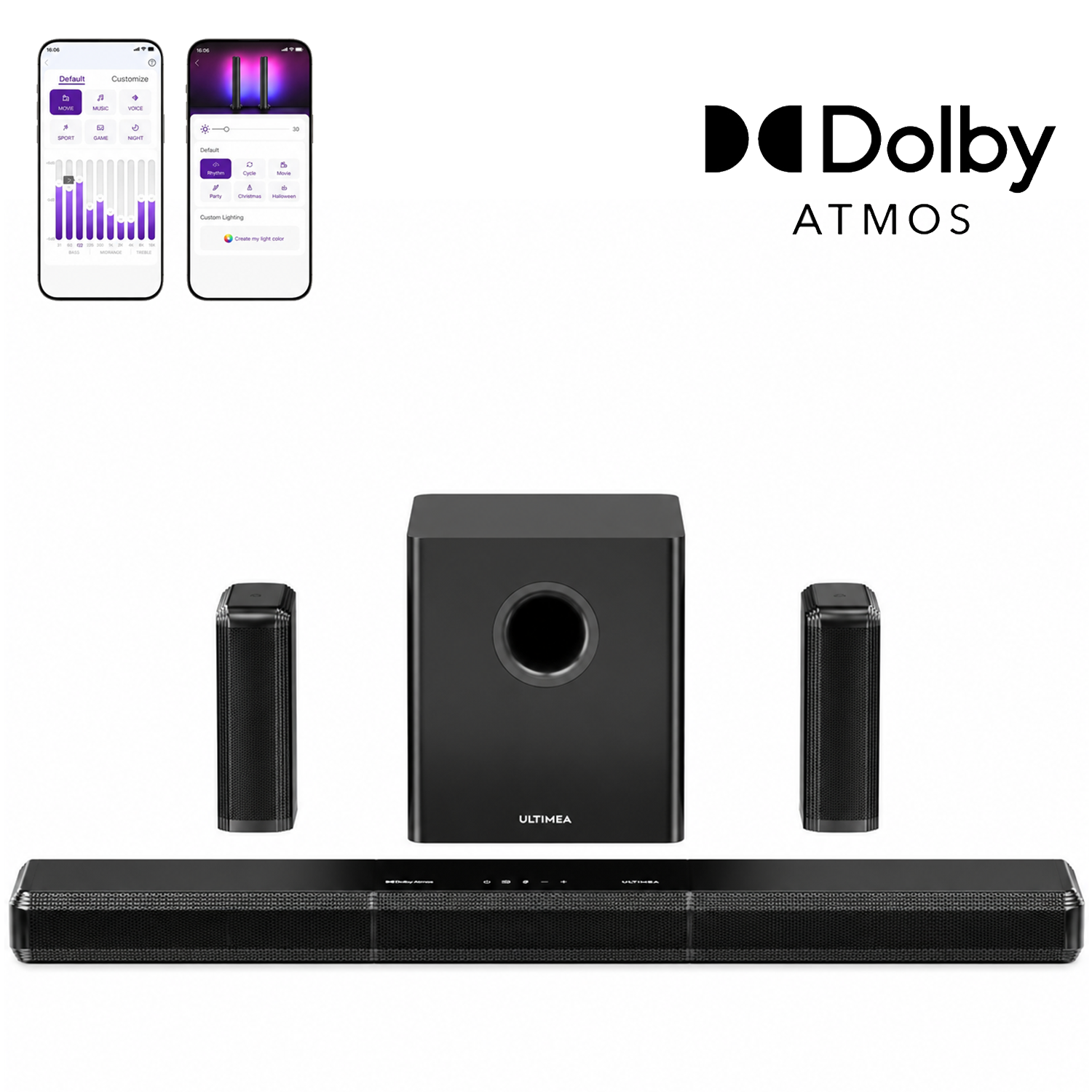 Logo de Dolby Atmos con barra de sonido, subwoofer y dos altavoces satélite.