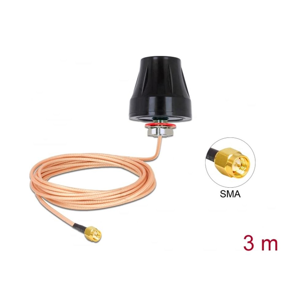 Antenna nera con cavo in rame arrotolato e connettore SMA, lunghezza 3m.