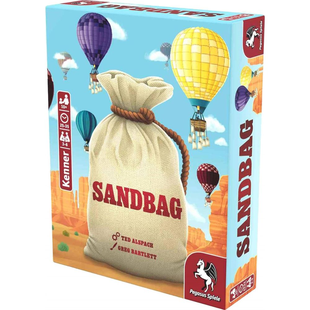 Boîte de jeu "Sandbag" avec un sac et des montgolfières colorées dans un paysage désertique.