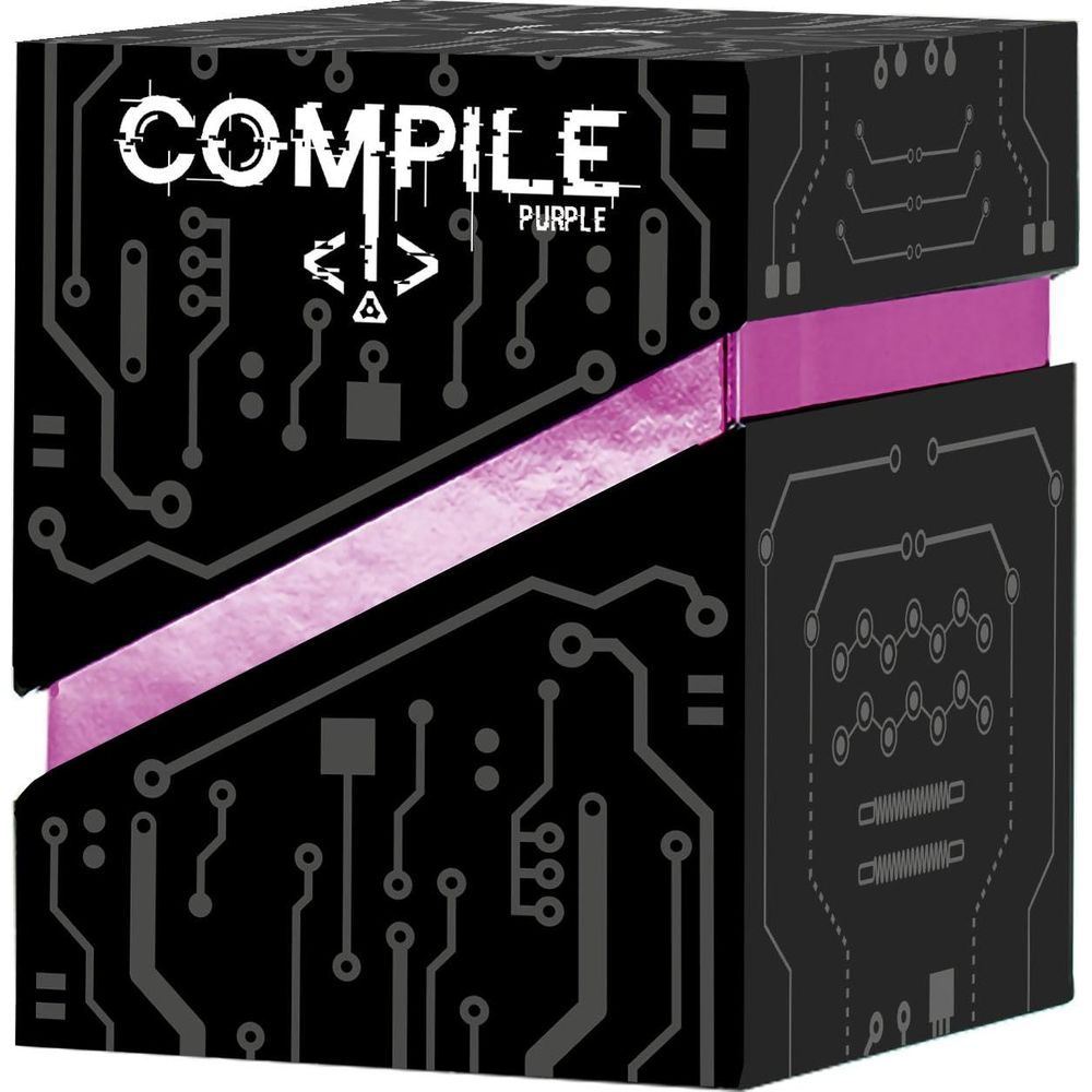 Scatola nera con fascia viola, stampata con motivi a circuito e la parola COMPILE.