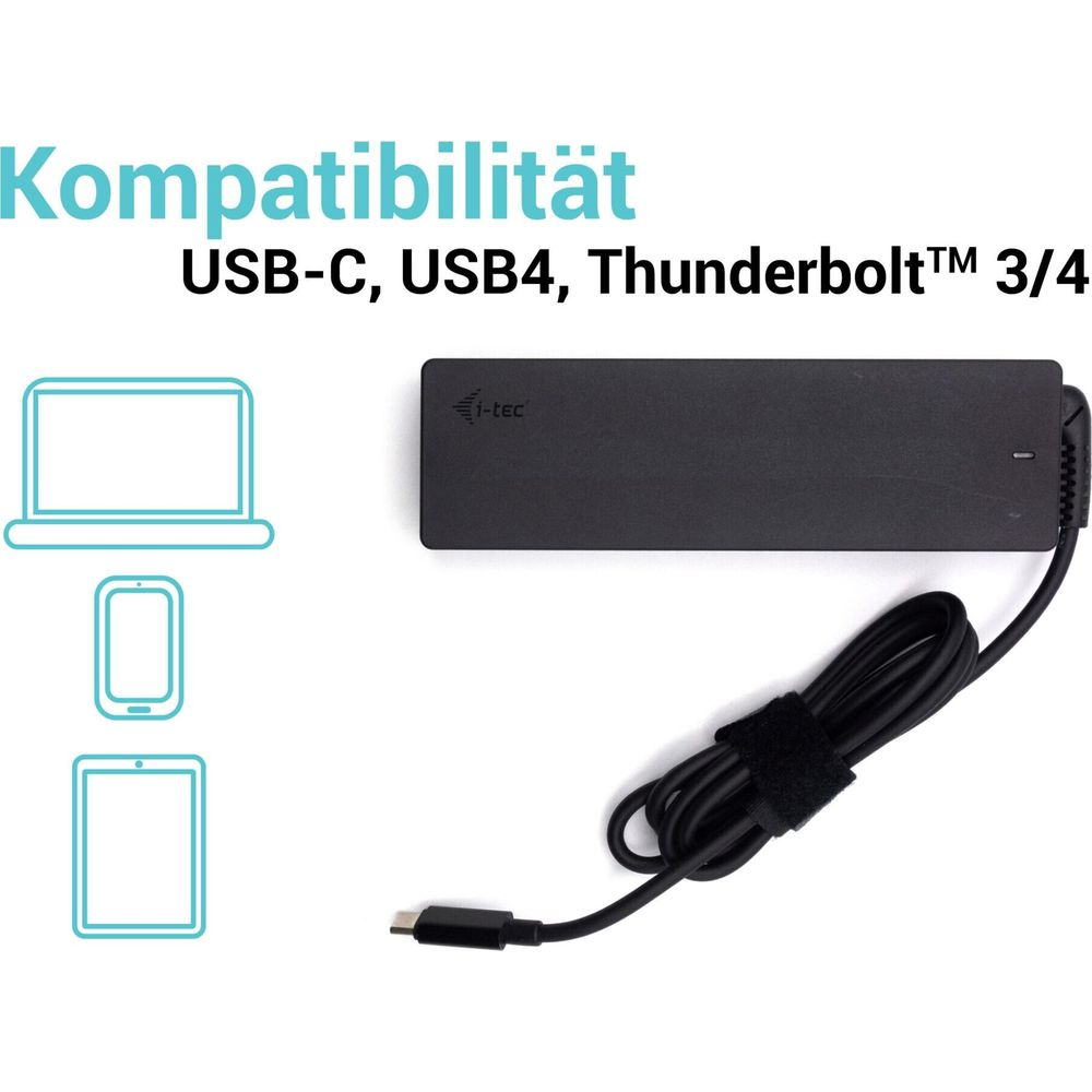 Caricabatterie nero per laptop con cavo USB-C e icone per laptop, telefono, tablet.