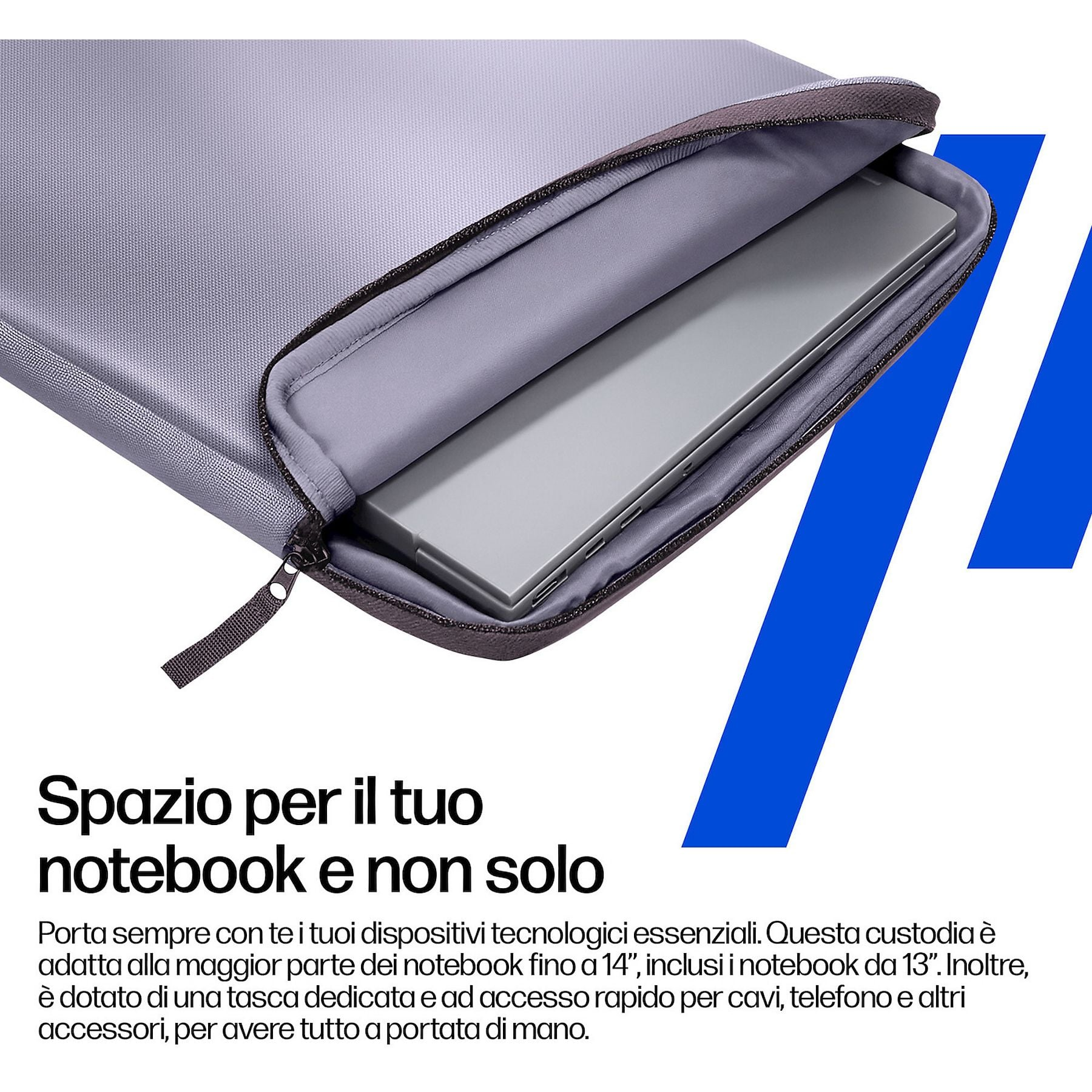 Custodia grigia per laptop con cerniera, un laptop all'interno.