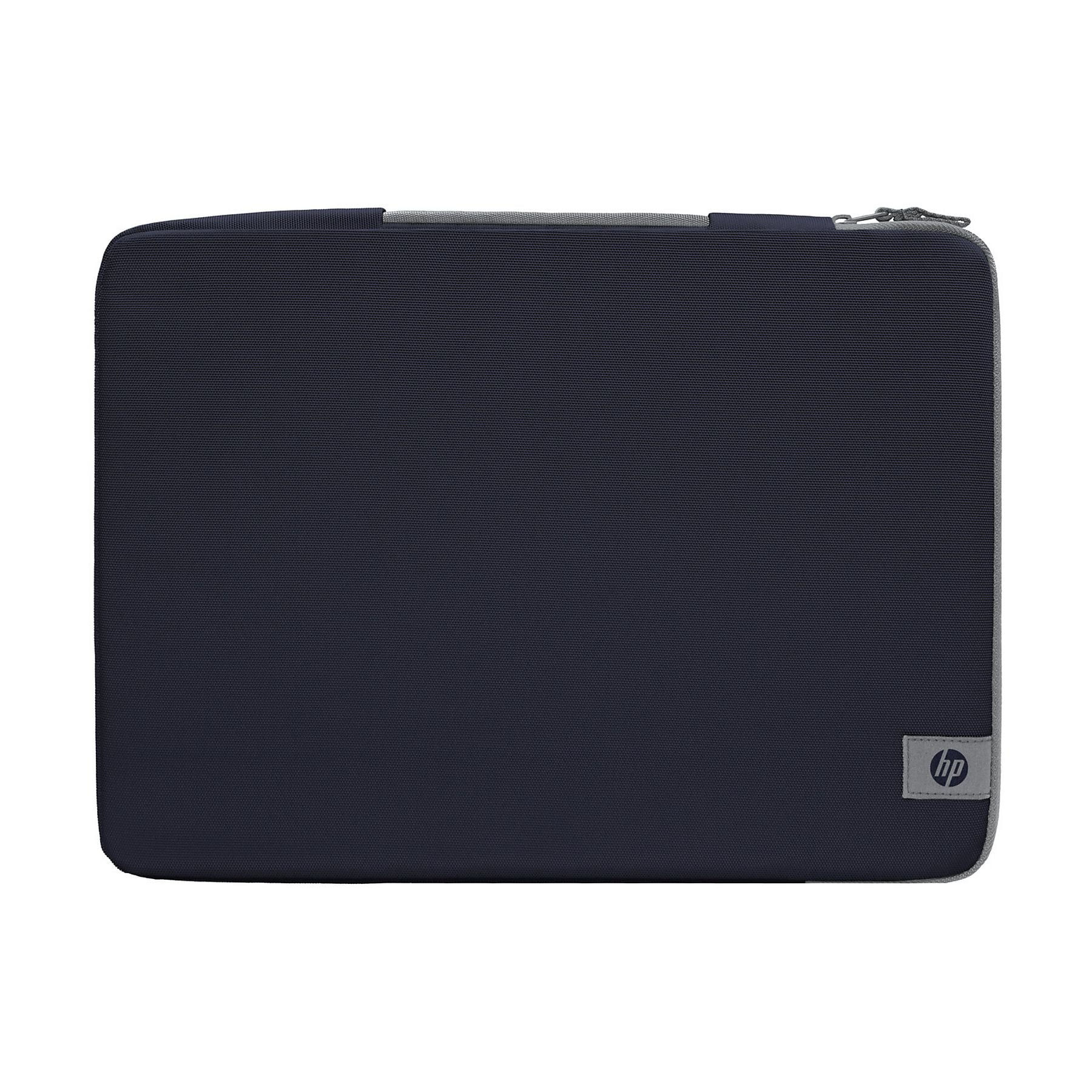 Custodia blu scuro per laptop con logo HP e cerniera.