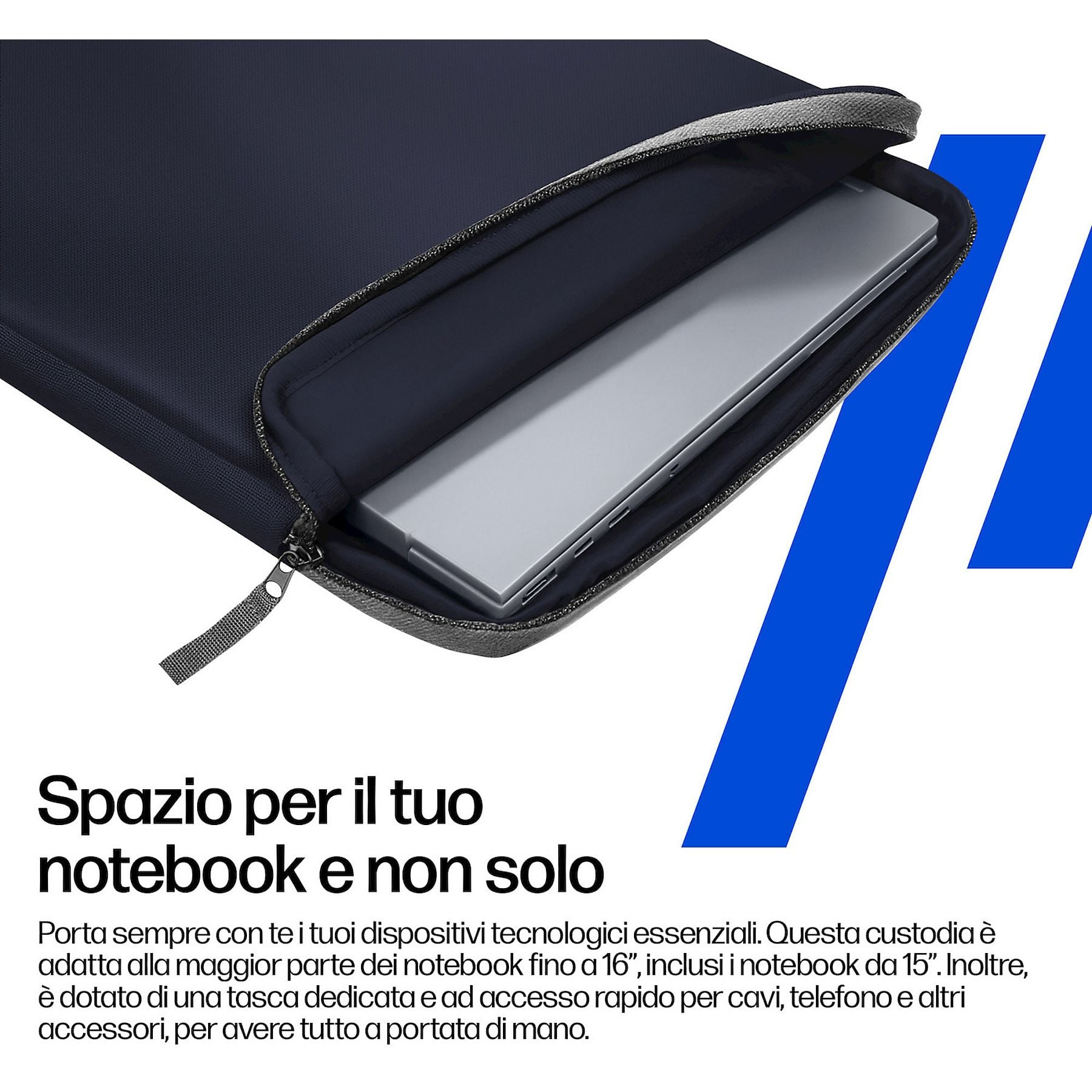 Custodia blu scuro per laptop, parzialmente aperta, con un laptop all'interno.