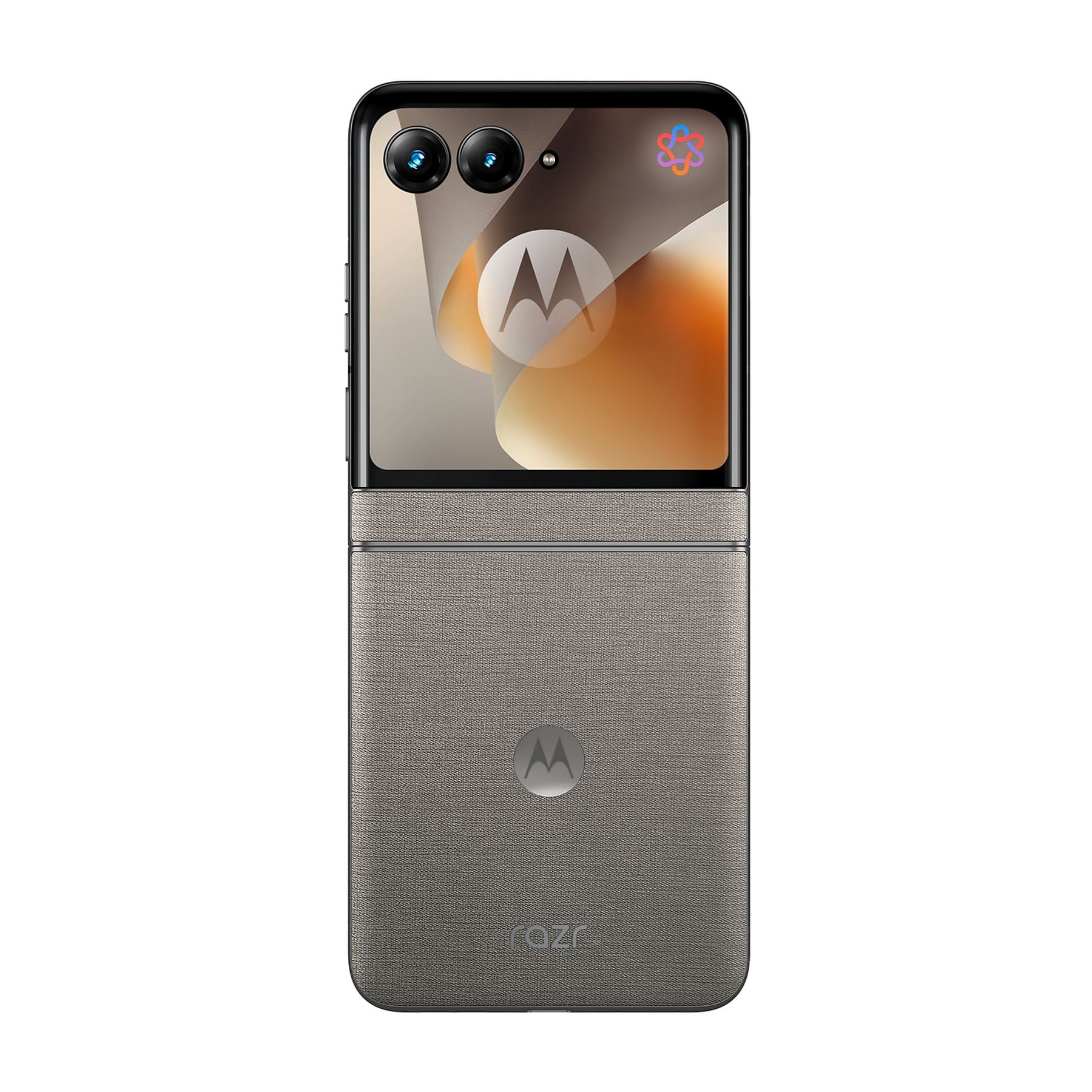 Ein graues Motorola Razr Klapphandy mit zwei Kameras oben und einem Motorola-Logo.