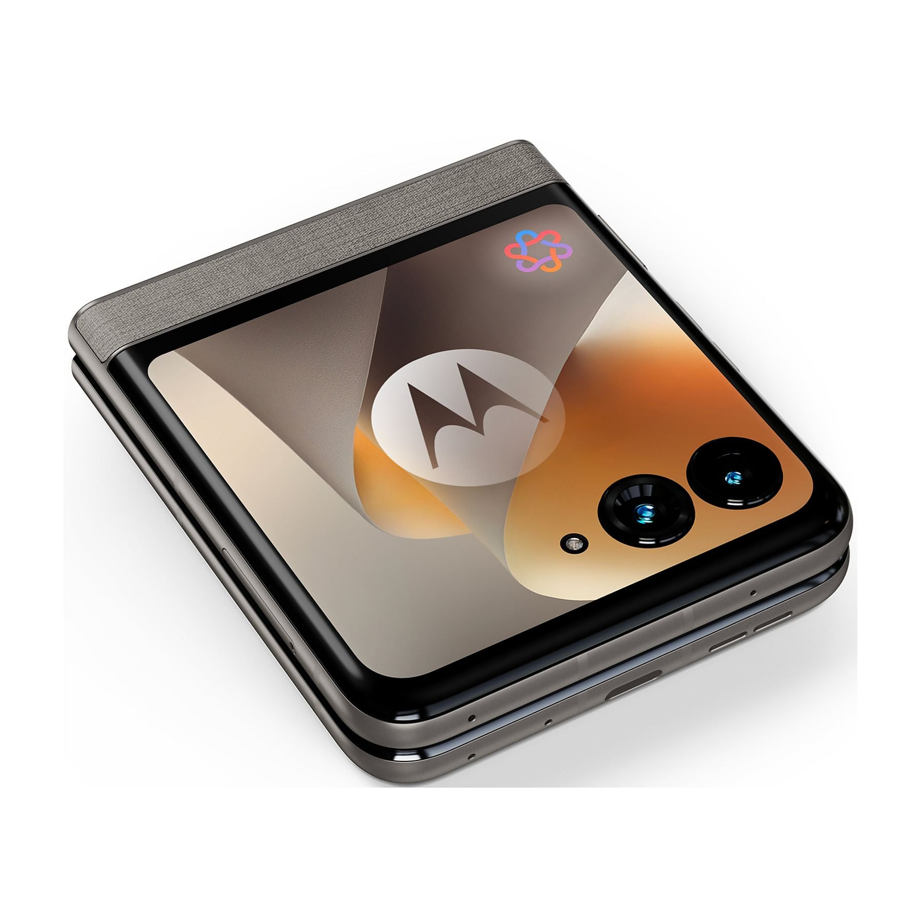 Ein geschlossenes graues Klapphandy mit Motorola-Logo und Kameras.