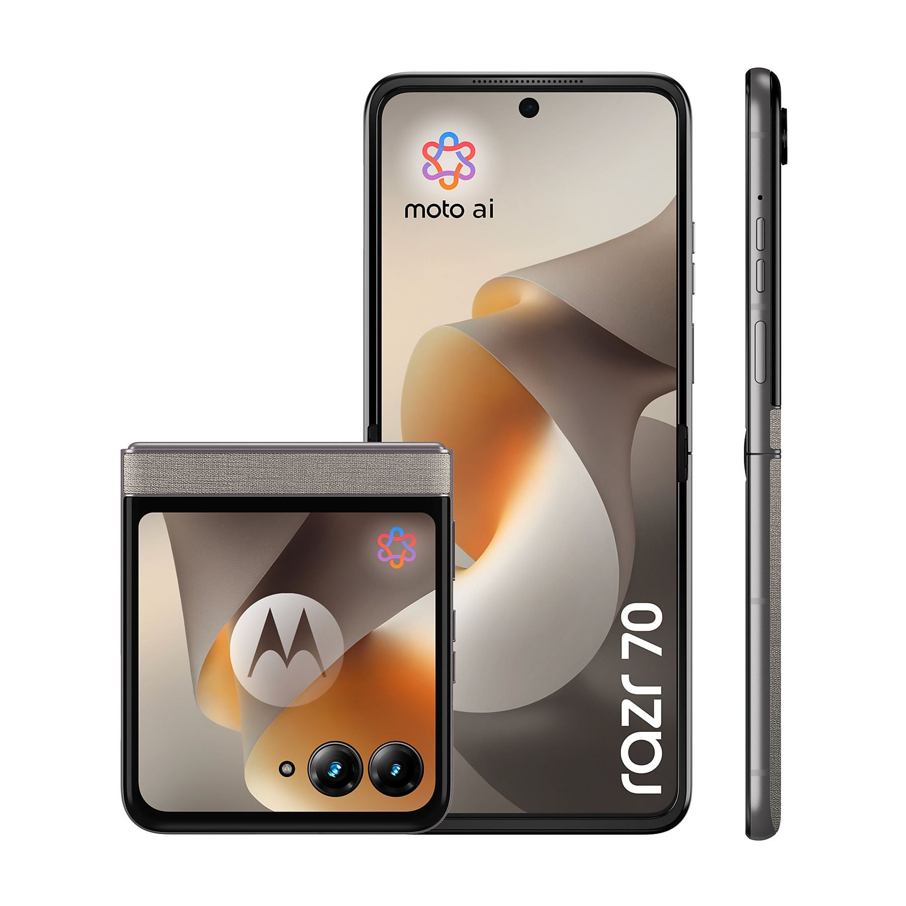 Drei Ansichten eines grauen Motorola Razr 70 Klapphandys auf weißem Hintergrund.