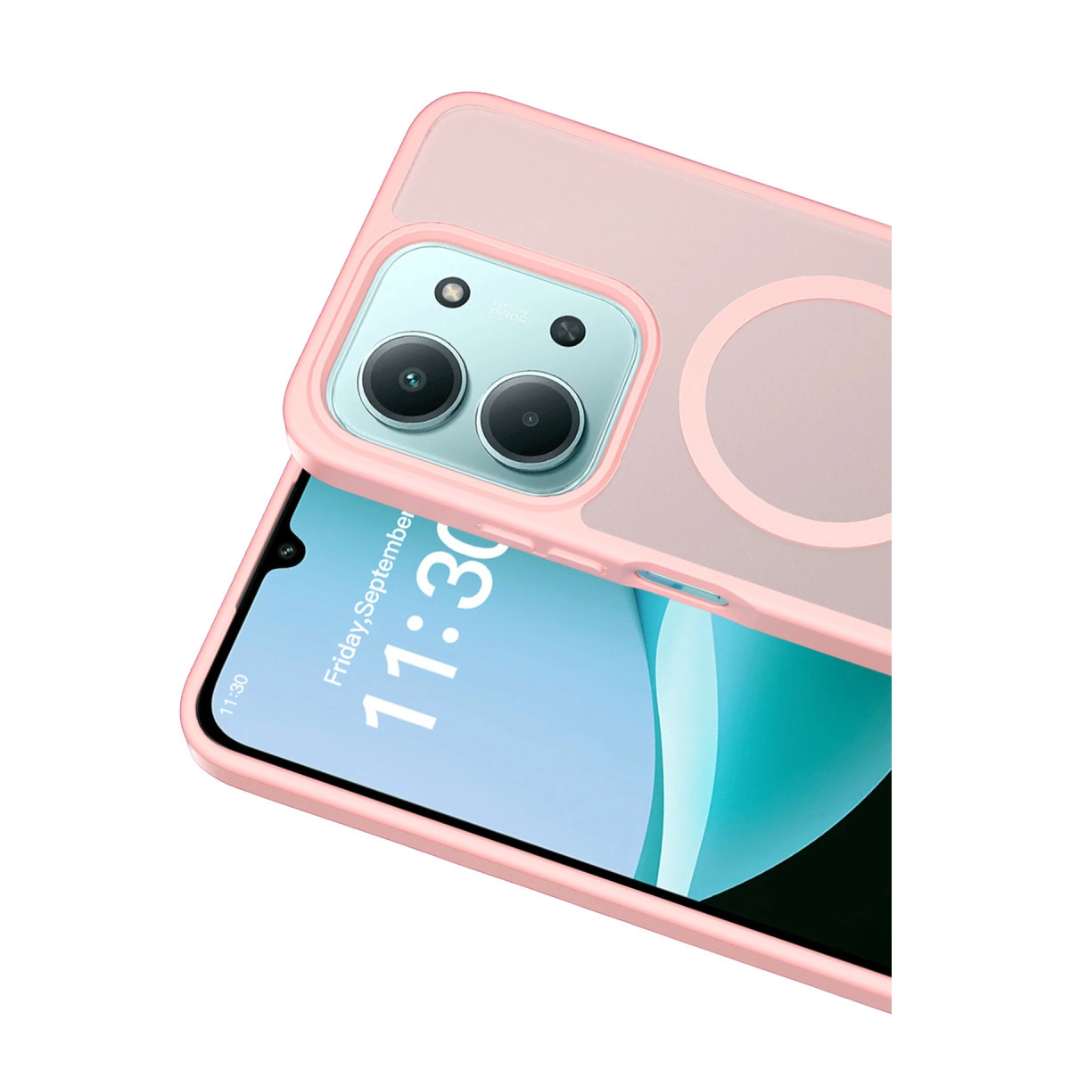 Çift kameralı, şeffaf arkalı pembe telefon kılıfı, saatli telefon ekranını gösteriyor.