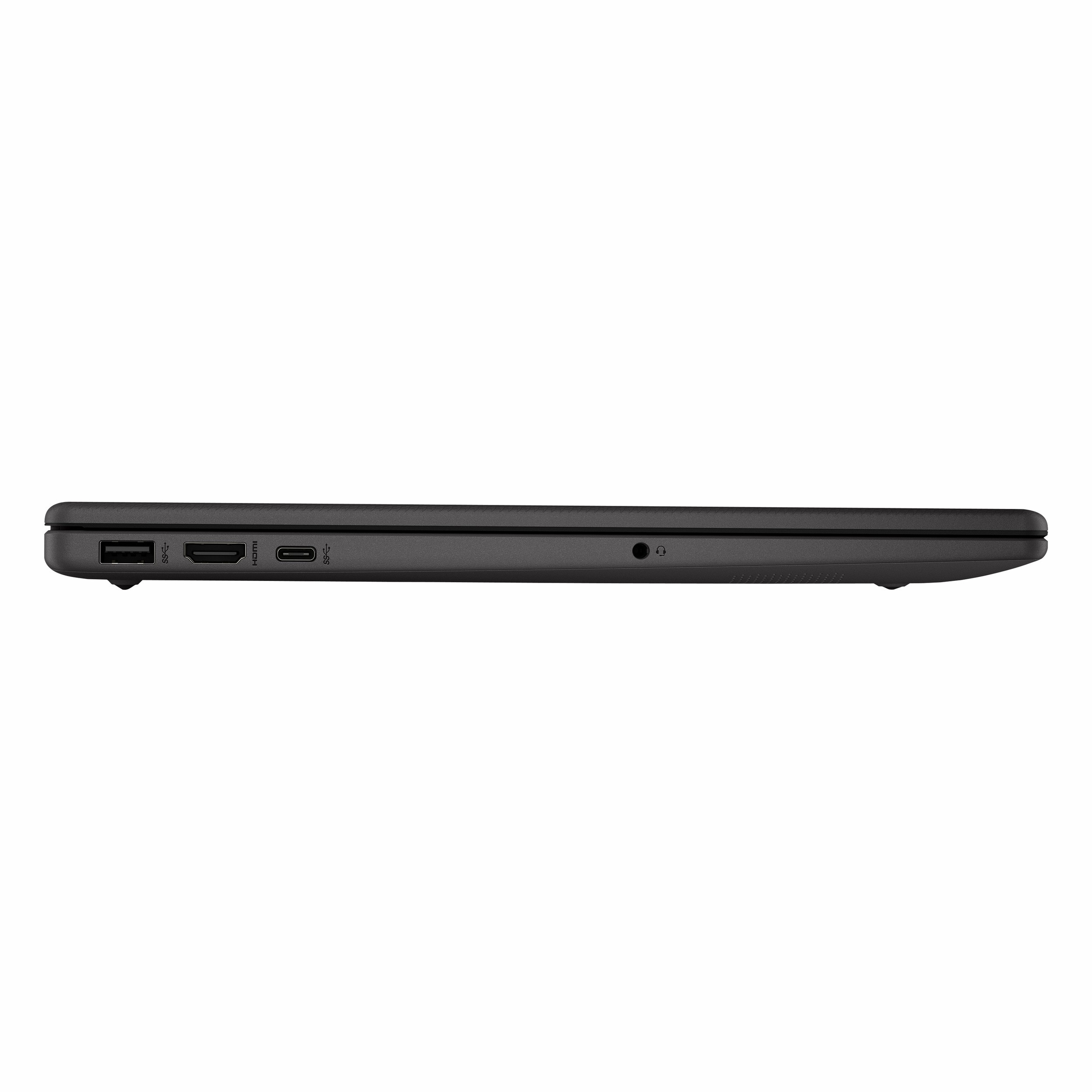 USB, HDMI ve USB-C bağlantı noktalarını gösteren siyah dizüstü bilgisayar.