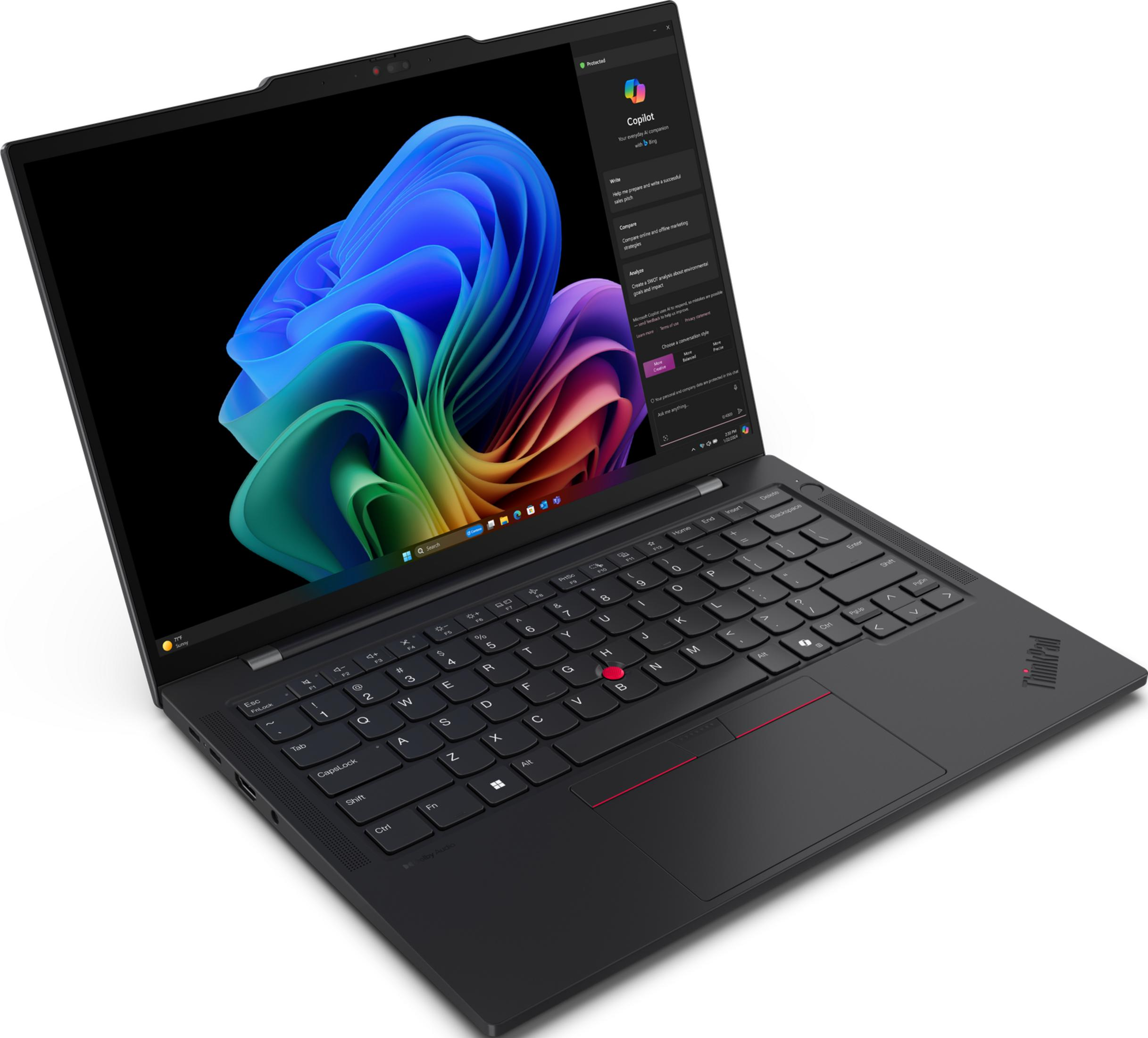 Czarny laptop z otwartym ekranem wyświetlającym kolorowy obraz abstrakcyjny i Copilota AI.