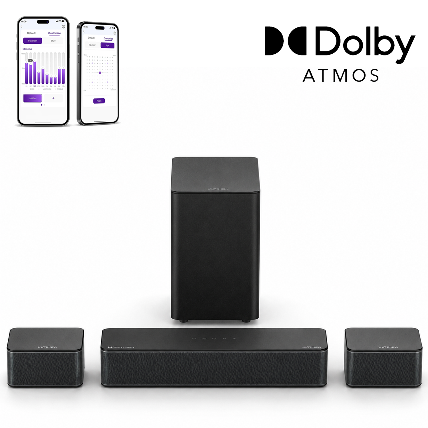 Sistema audio Dolby Atmos nero con subwoofer e due altoparlanti satellitari.