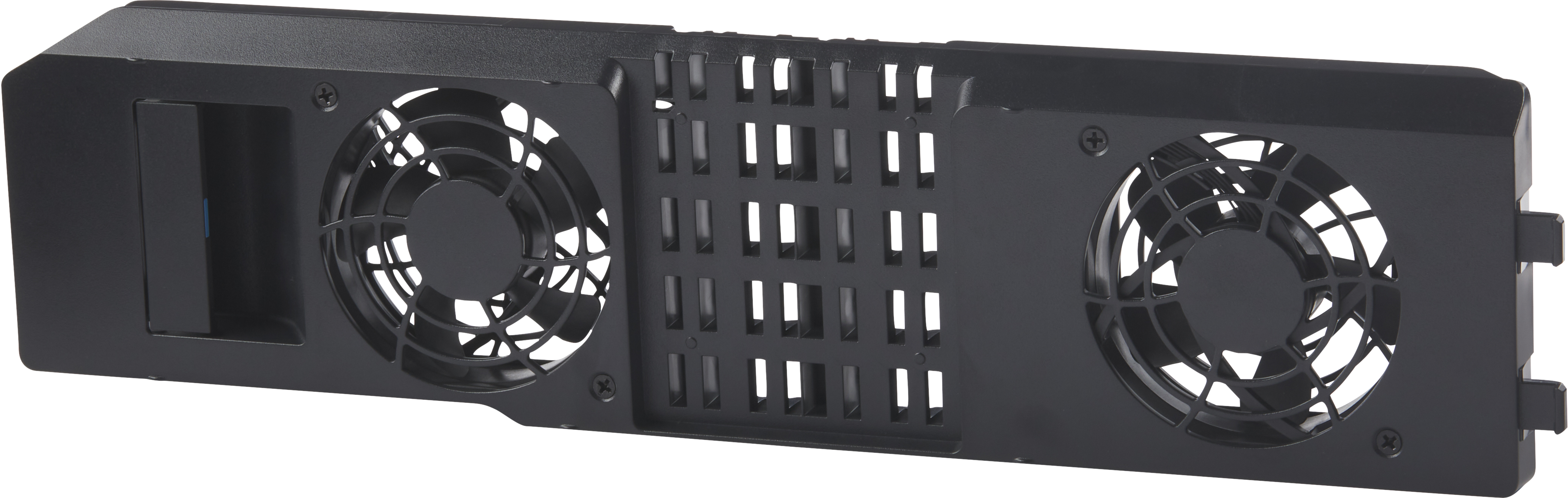 Parte di cassa nera con due ventole e fessure di ventilazione.