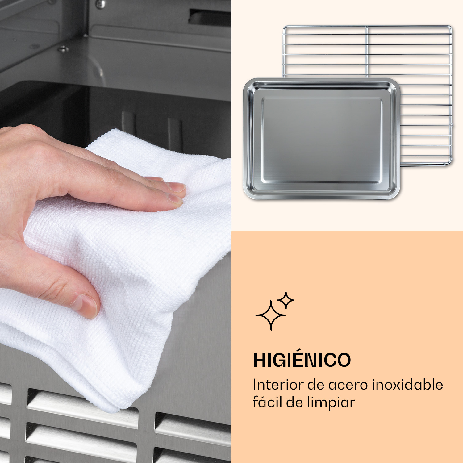 Una mano pulisce l'interno di un apparecchio con un panno bianco.