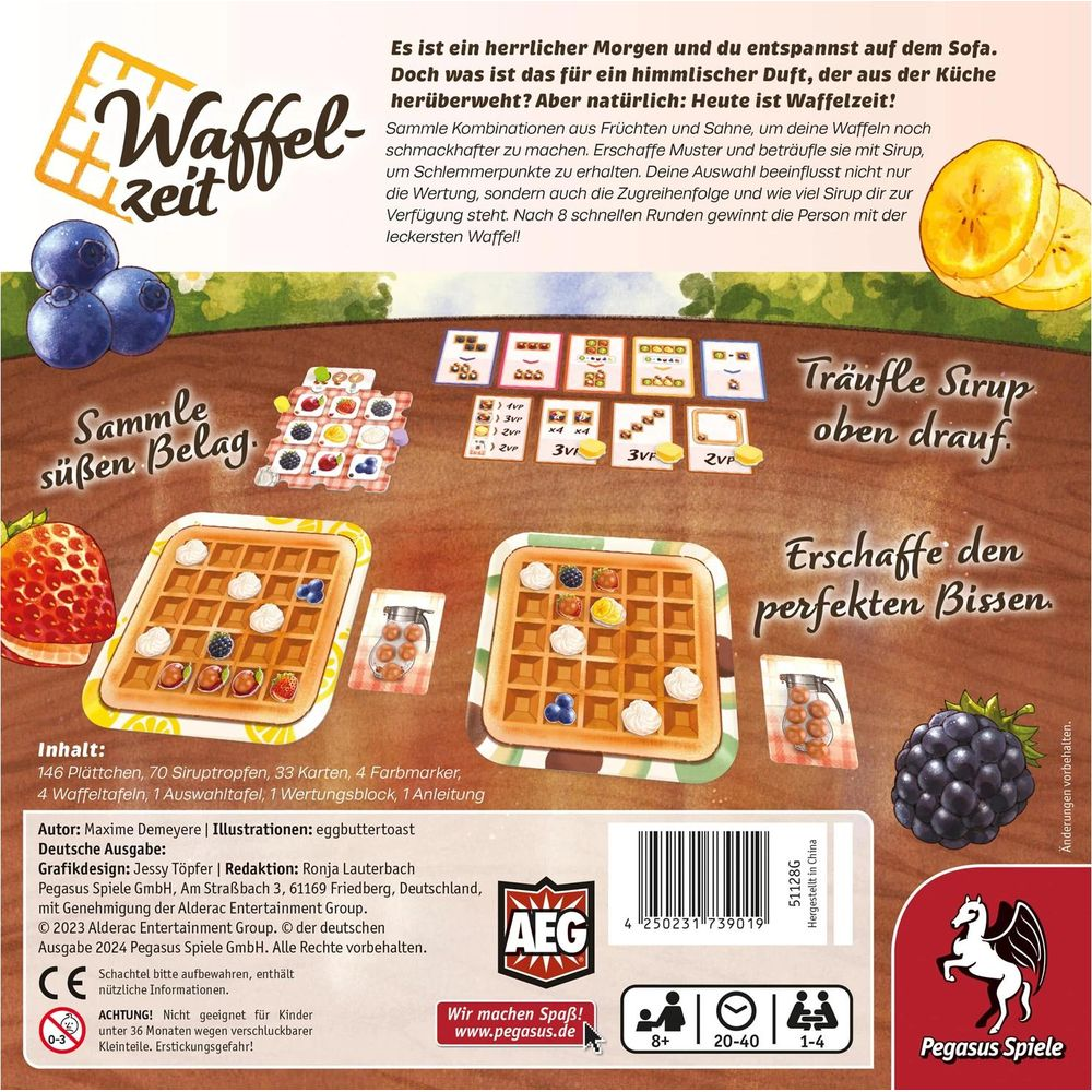 Gioco da tavolo "Waffelzeit" con motivi di waffle, frutta e sciroppo.
