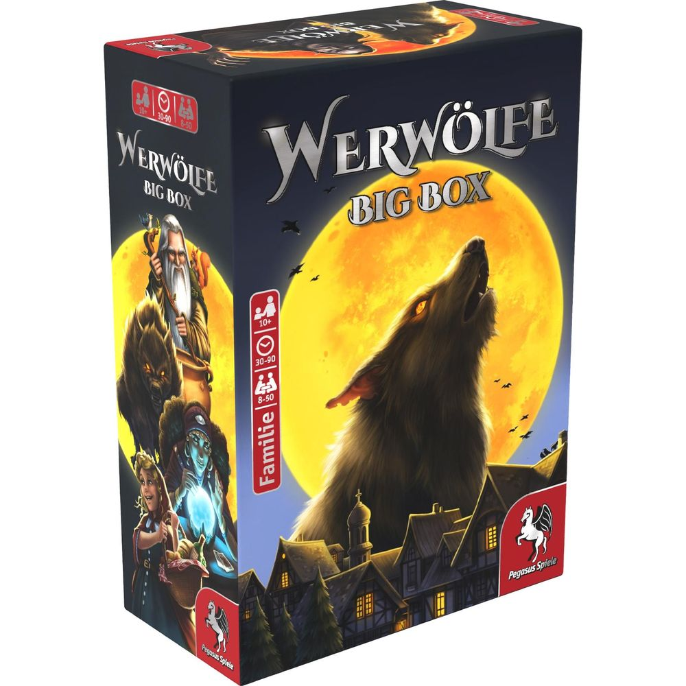 Boîte de jeu de société avec un loup-garou devant une pleine lune et un village.