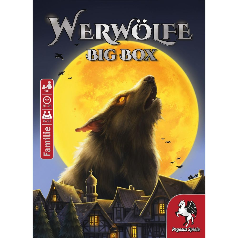 Loup-garou hurle à la pleine lune sur ville. Couverture jeu.