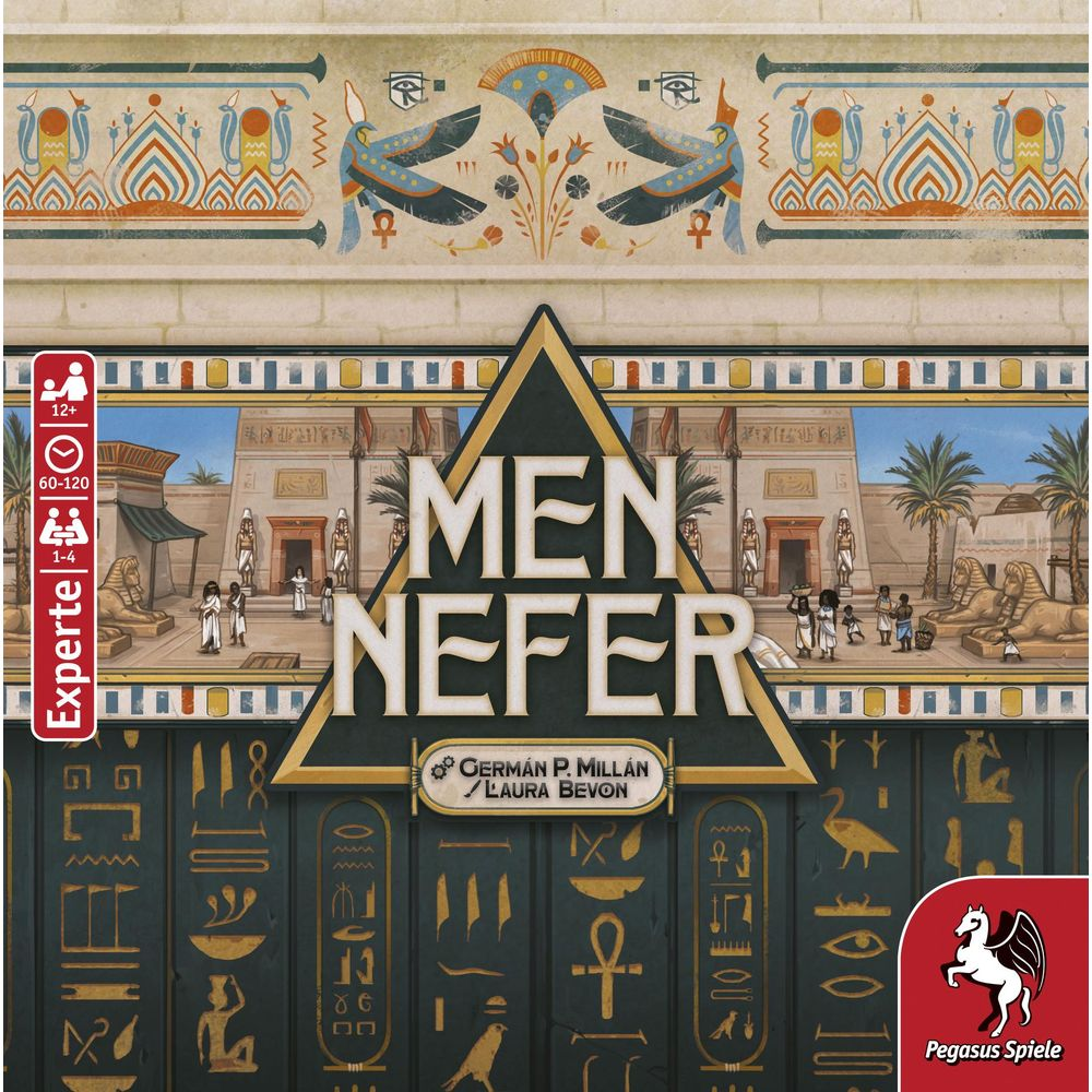 Gioco da tavolo "Men Nefer" con scena egizia, geroglifici e logo Pegasus Spiele.