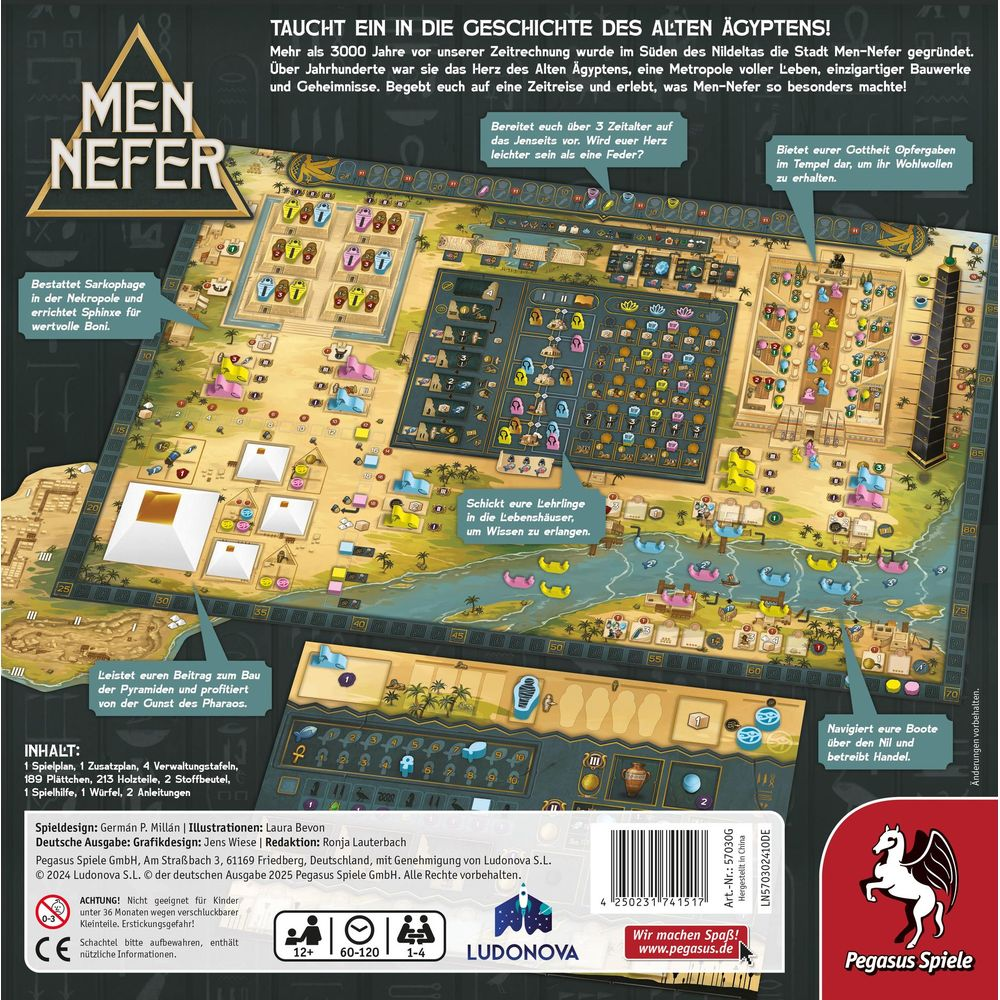 Gioco da tavolo "Men-Nefer" a tema egizio, mostra tabellone e componenti.