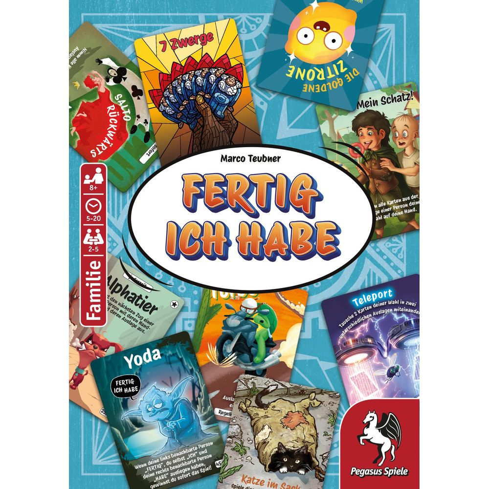 Jeu de société "Fertig Ich Habe" avec des cartes comme "Le Citron Doré" et "Yoda".