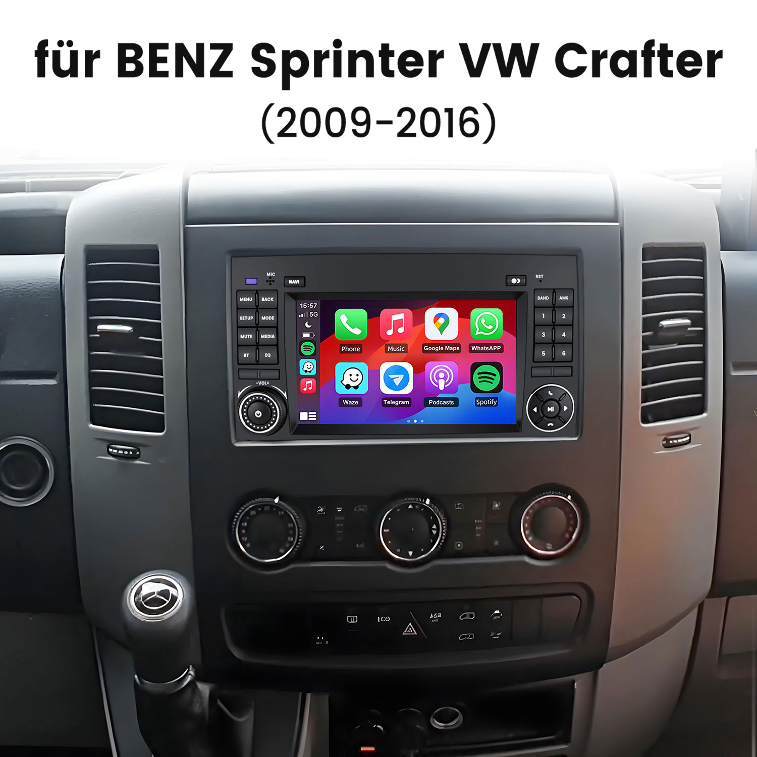 Armaturenbrett eines Mercedes Sprinter/VW Crafter mit Touchscreen-Infotainmentsystem.