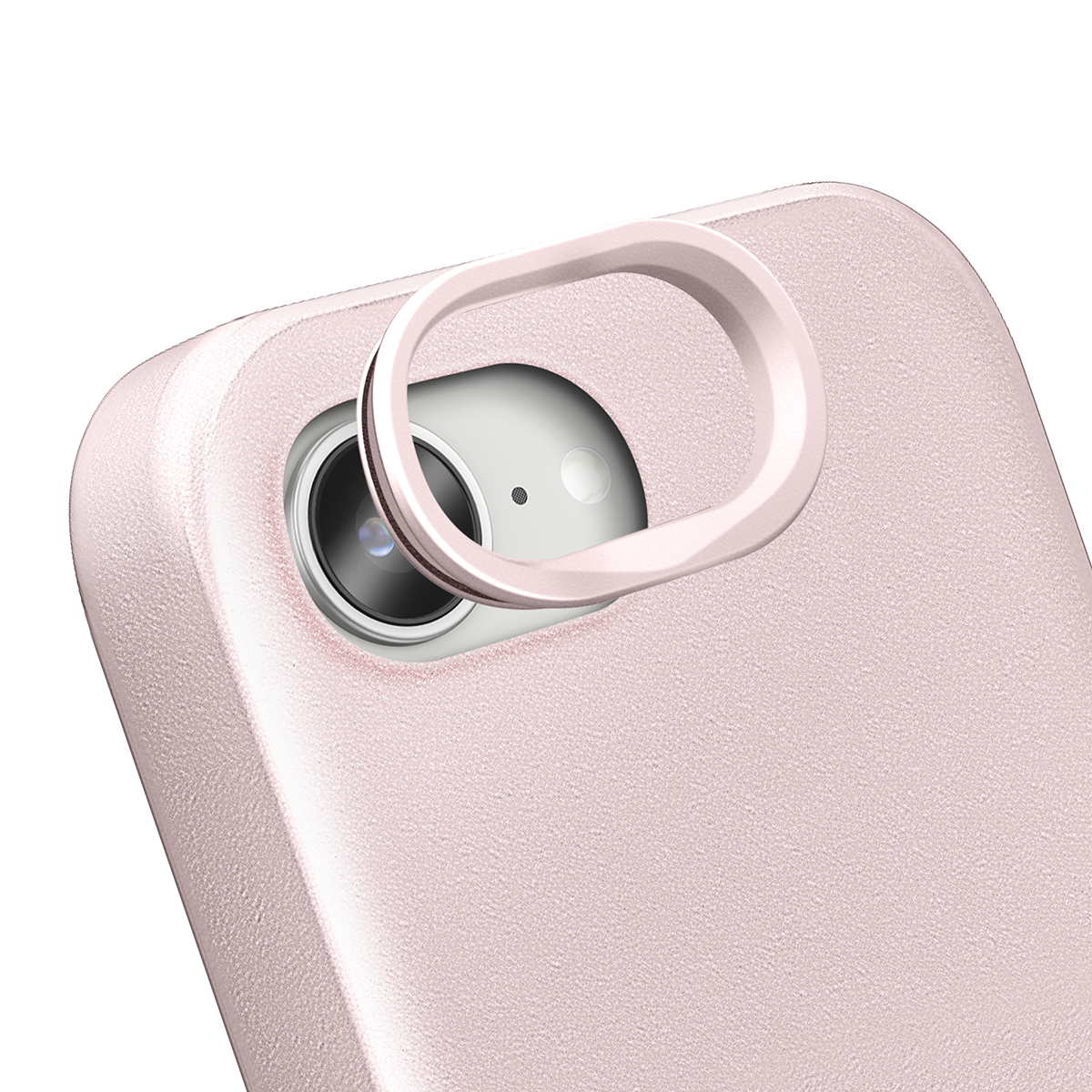 Une coque de téléphone rose avec un anneau or rose autour de l'objectif de la caméra.