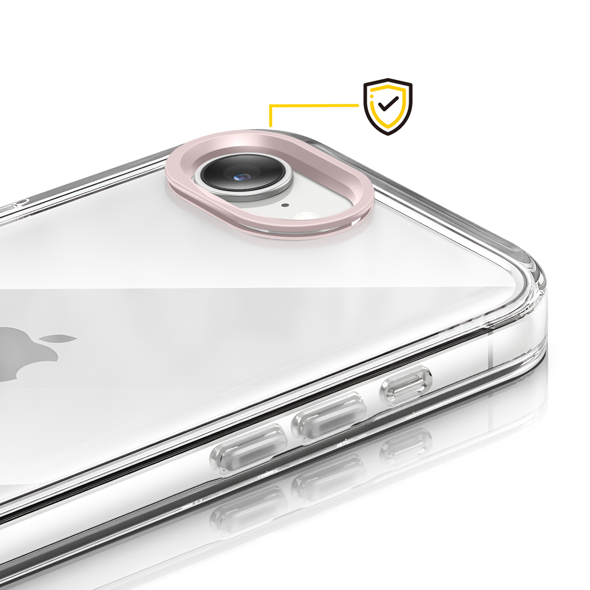 Coque de téléphone transparente avec anneau de caméra rose et icône de protection.