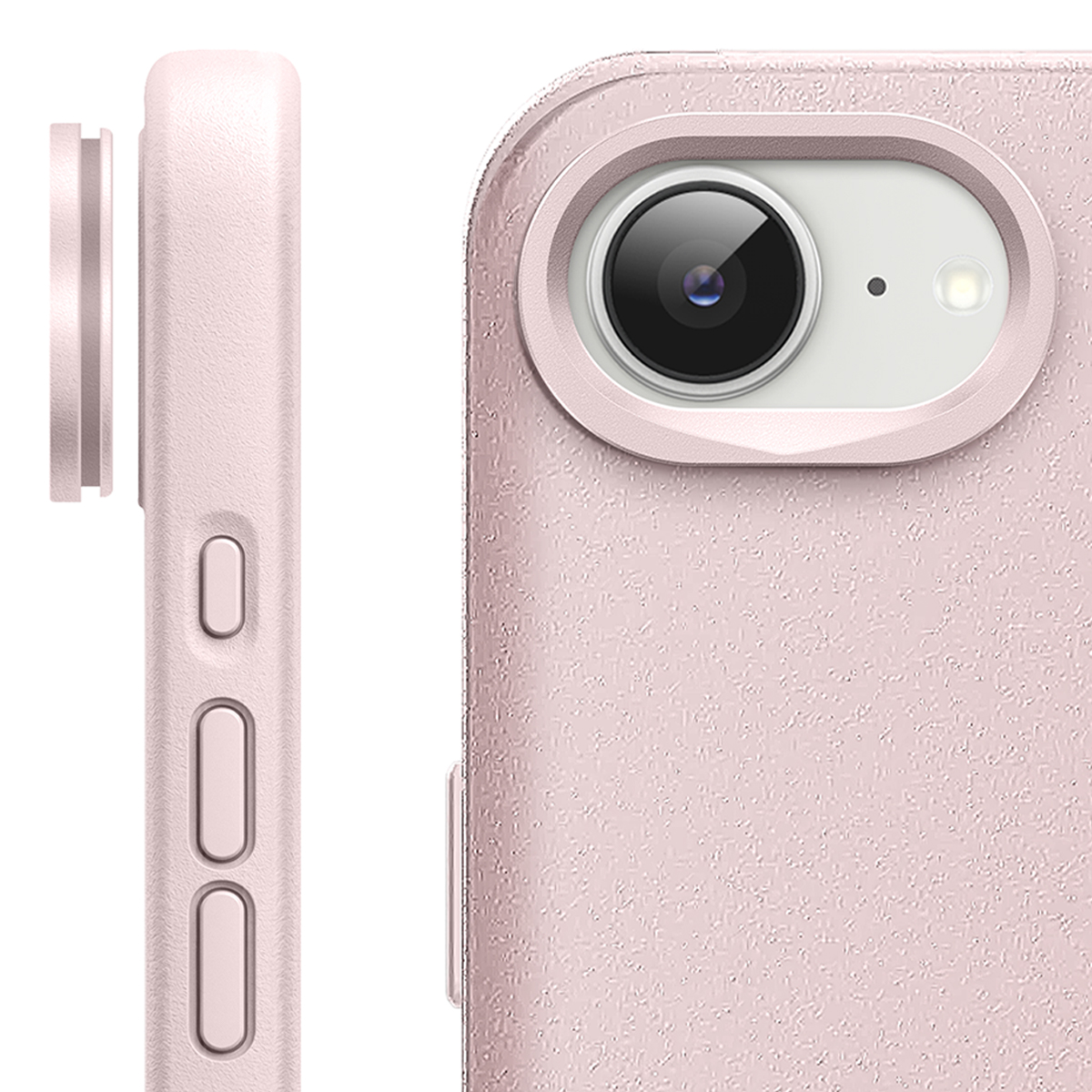 Une coque de téléphone rose avec découpe caméra et boutons.