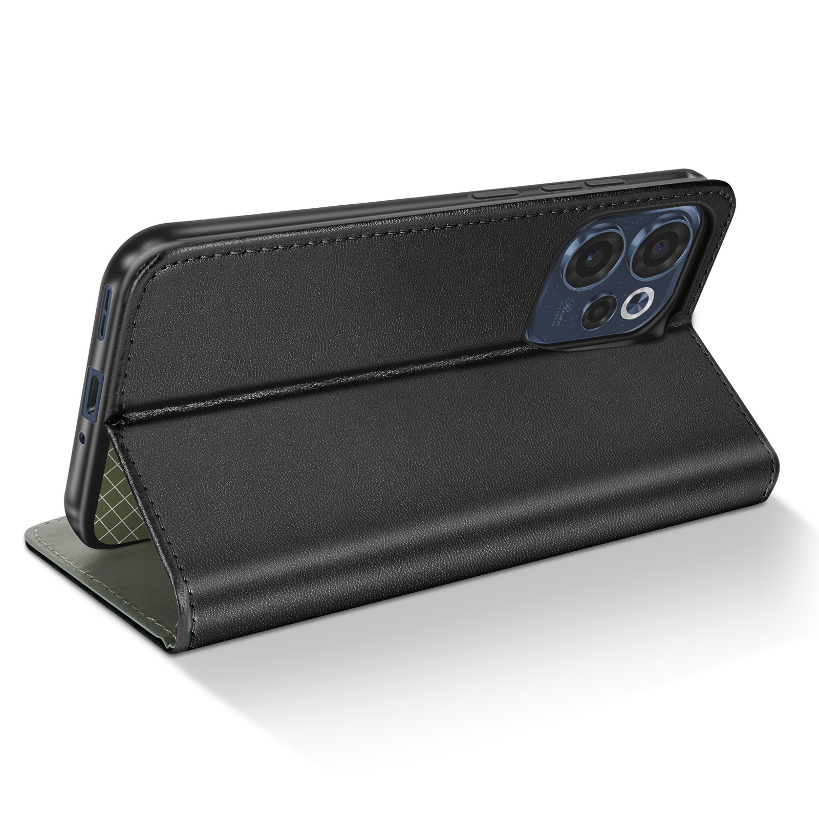 Schwarzes Leder-Flip-Case für ein Smartphone mit sichtbarer Kamera.