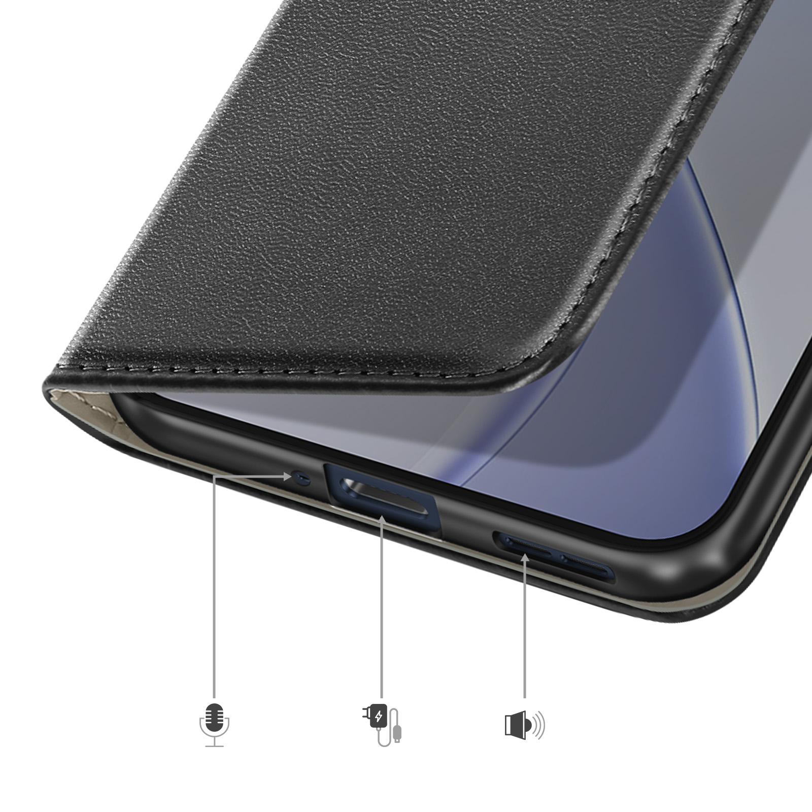 Schwarzes Handycase mit Ausschnitten für Mikrofon, Ladeanschluss und Lautsprecher.