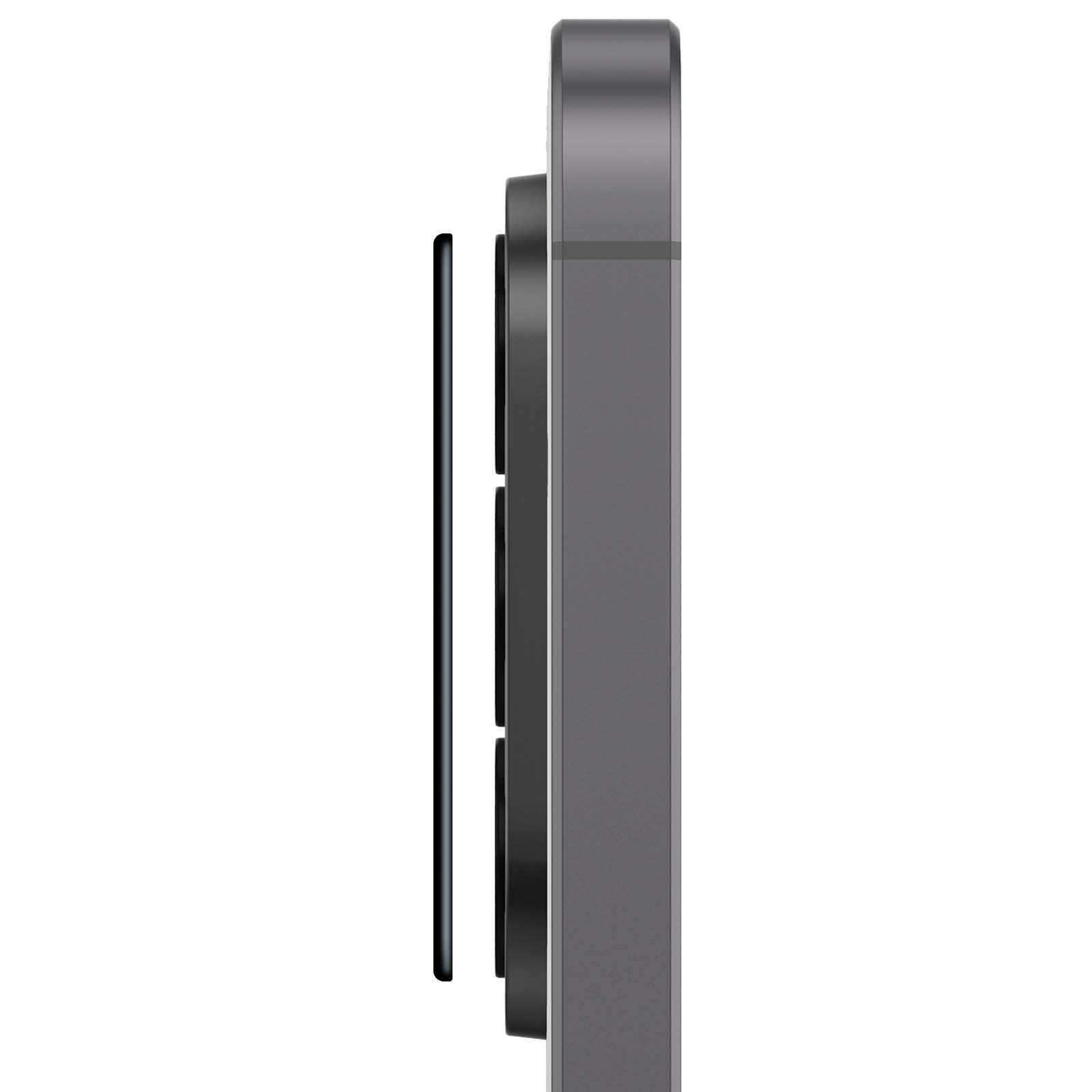 Boîtier gris de smartphone avec trois objectifs photo au dos.