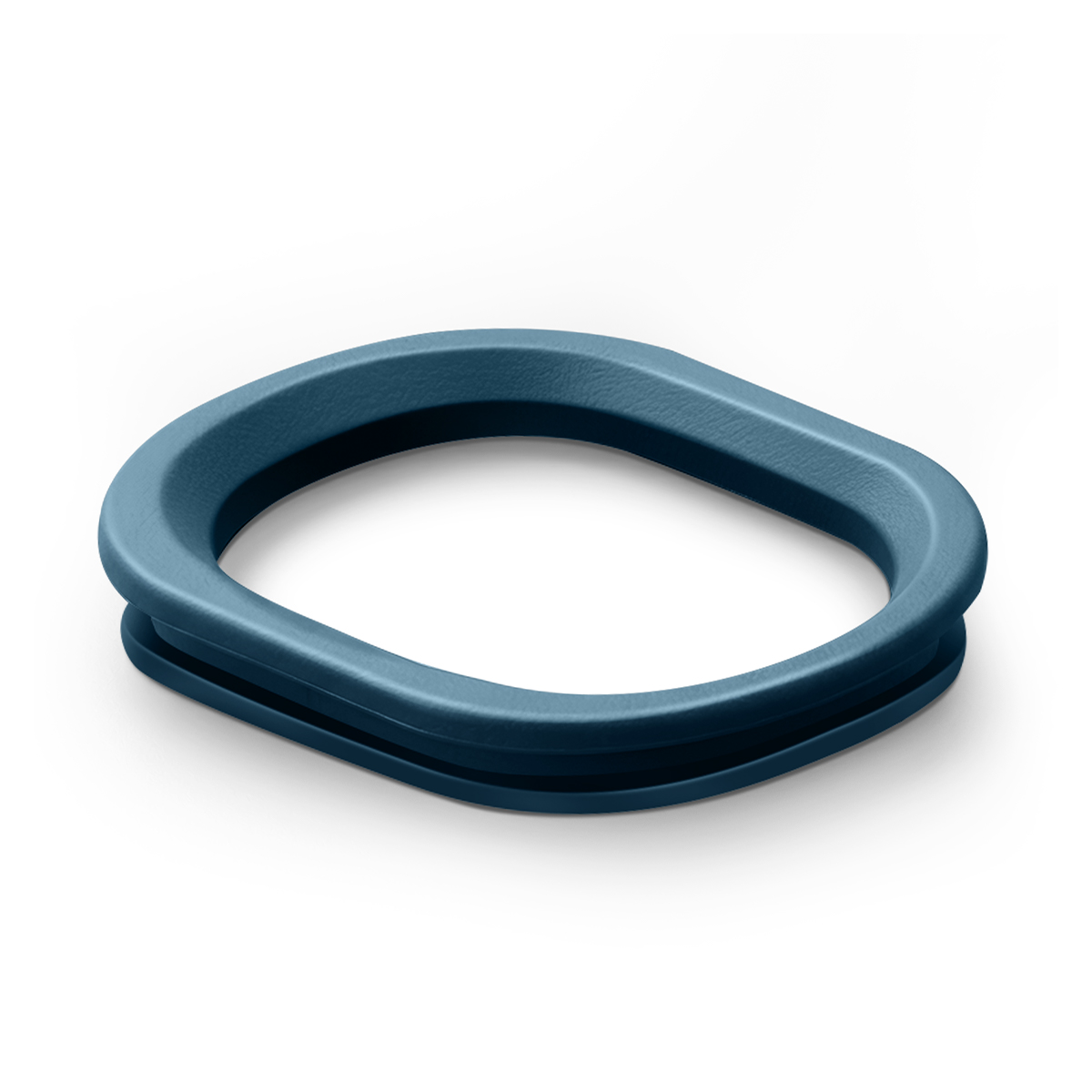 Een blauwe, ovale ring met een groef in het midden, geïsoleerd op een witte achtergrond.