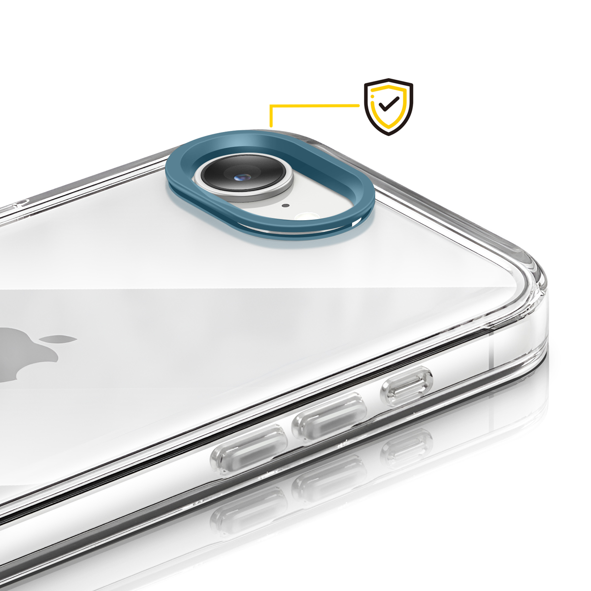 Doorzichtige telefoonhoes met blauwe camering en schildicoon.
