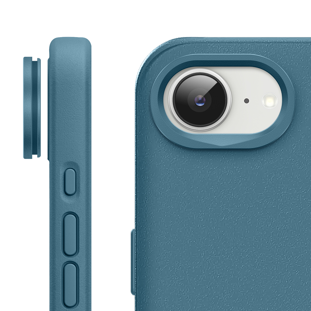 Blauwe telefoonhoes met cameramodule en zijknopjes.