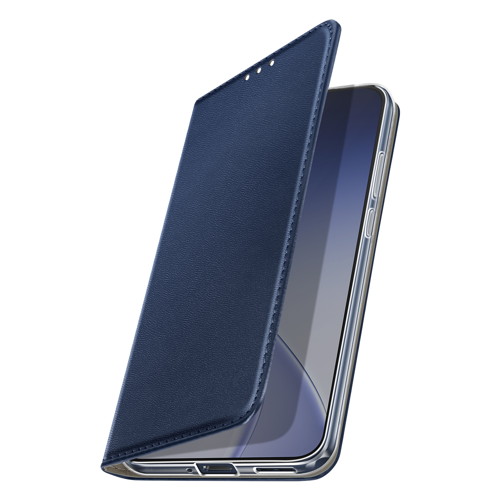 Étui bleu marine pour téléphone, partiellement ouvert.