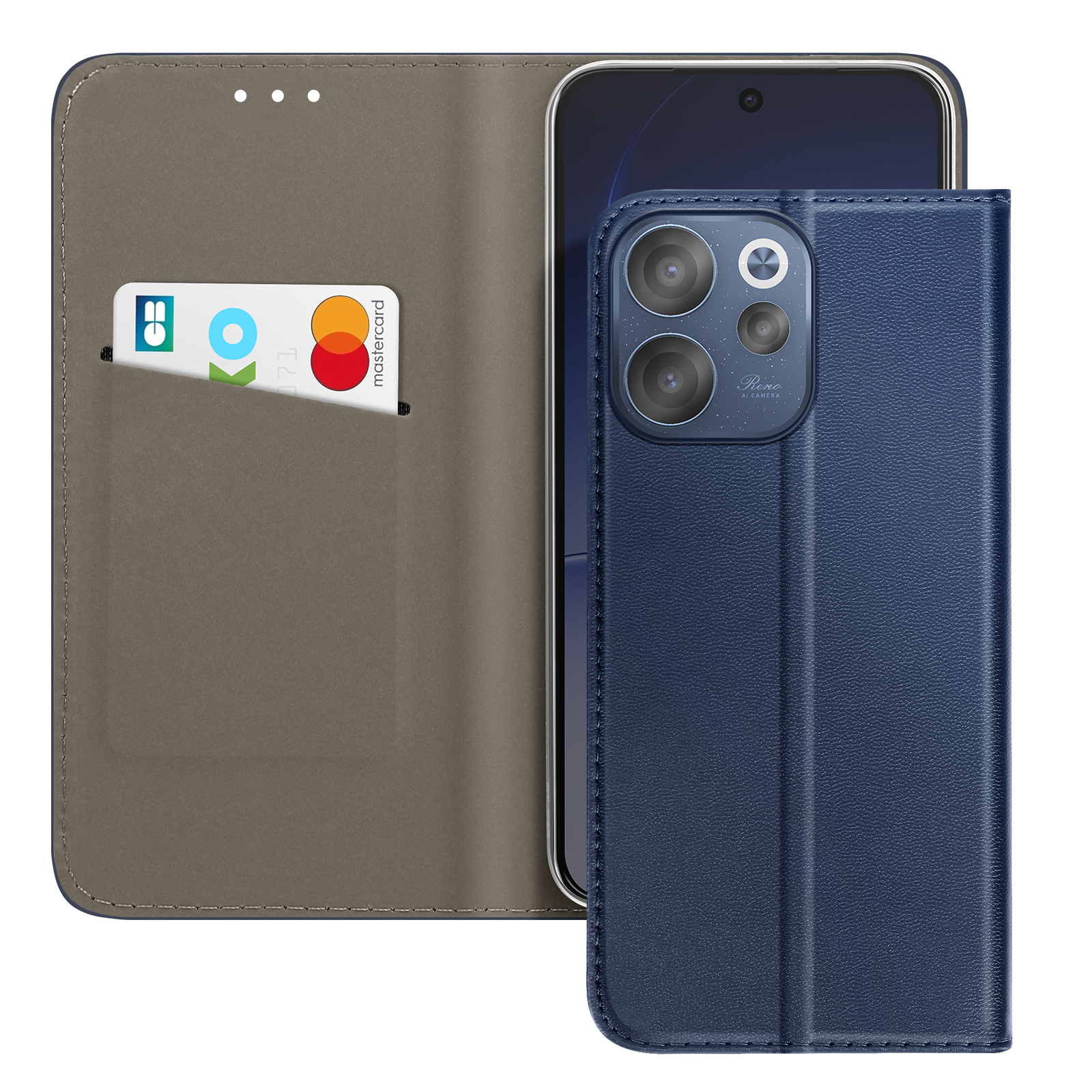 Un étui de téléphone en cuir bleu est ouvert, montrant un téléphone et un emplacement pour carte avec une Mastercard.