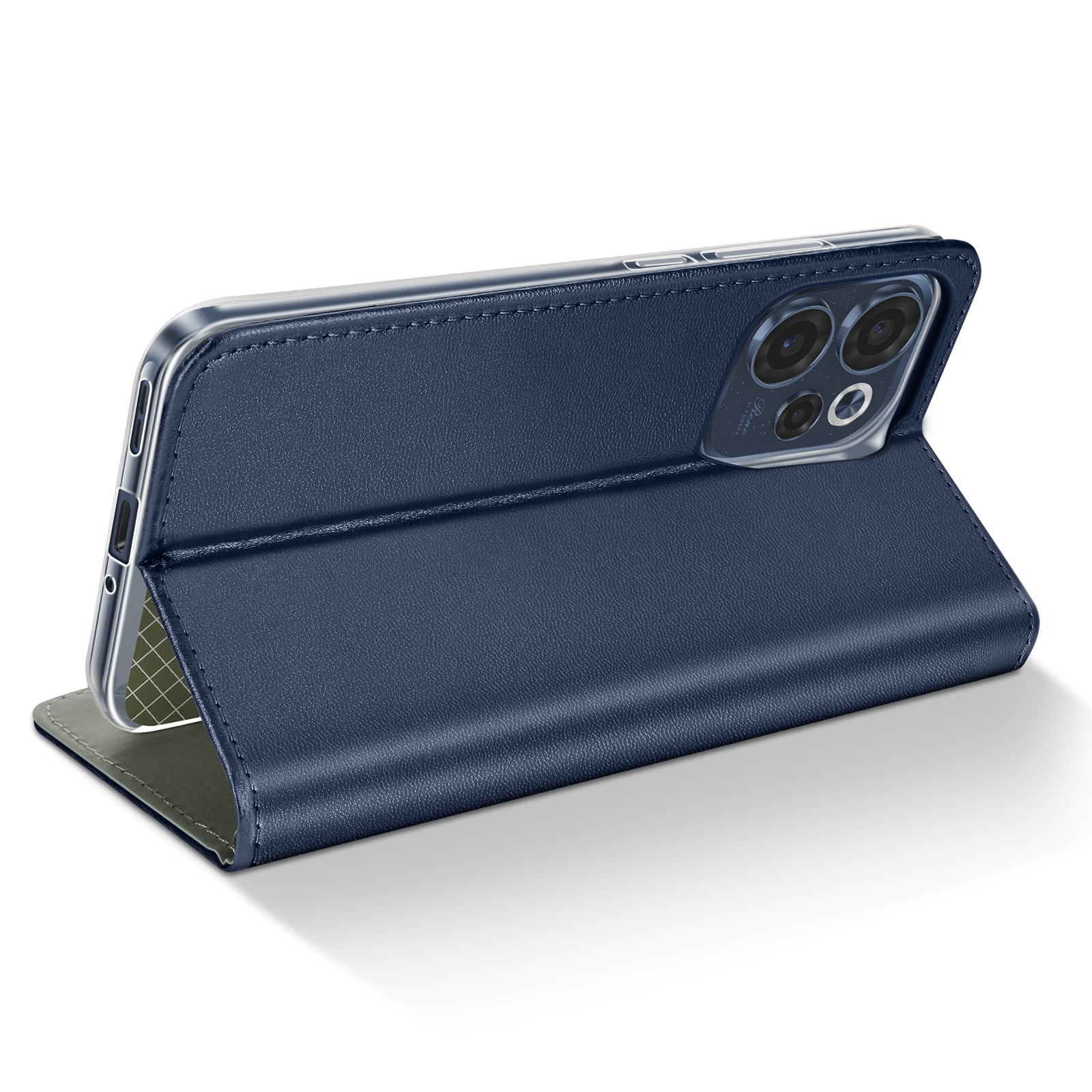 Une coque de téléphone en cuir bleu foncé est ouverte, montrant la caméra.