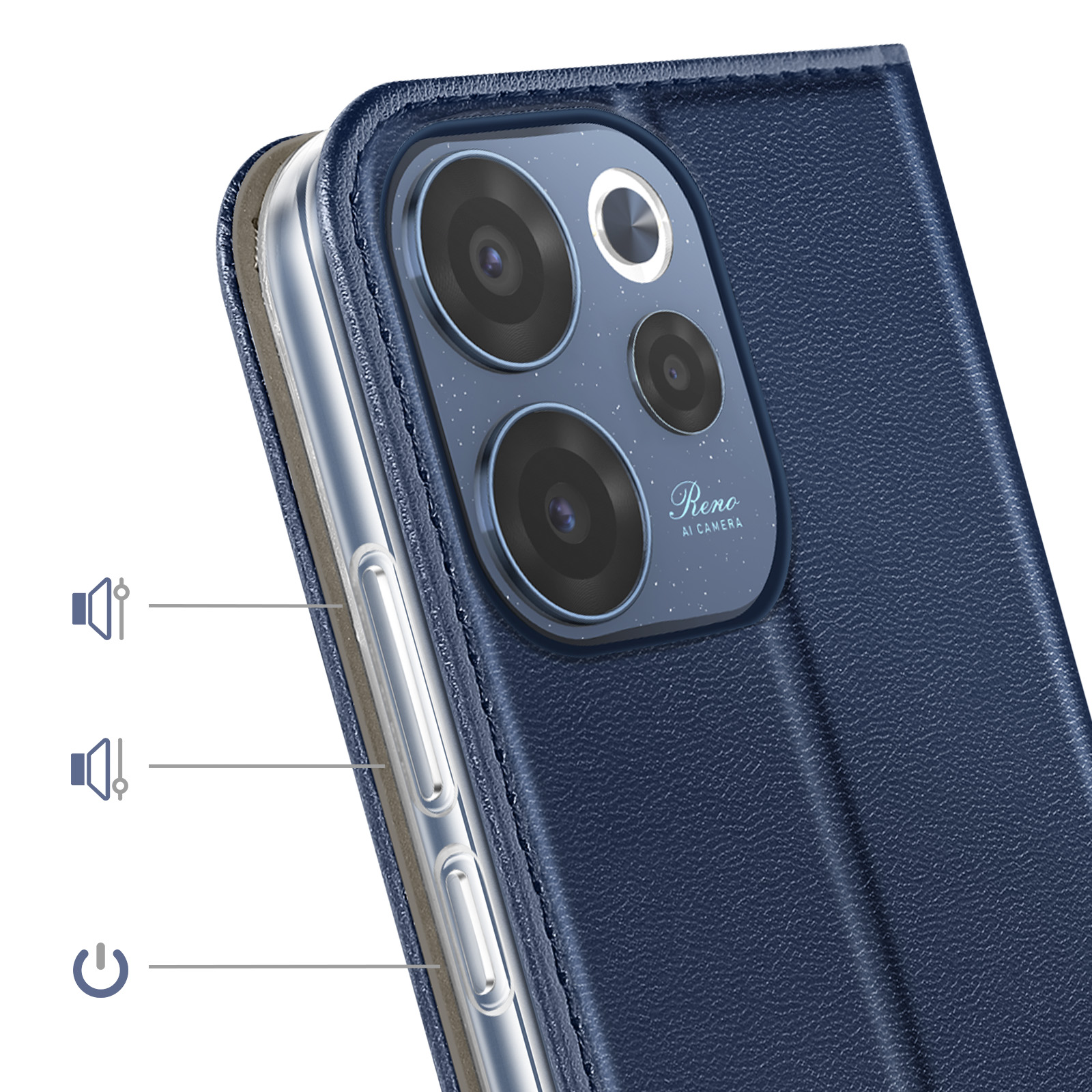 Étui de téléphone bleu foncé avec trois caméras et boutons latéraux.
