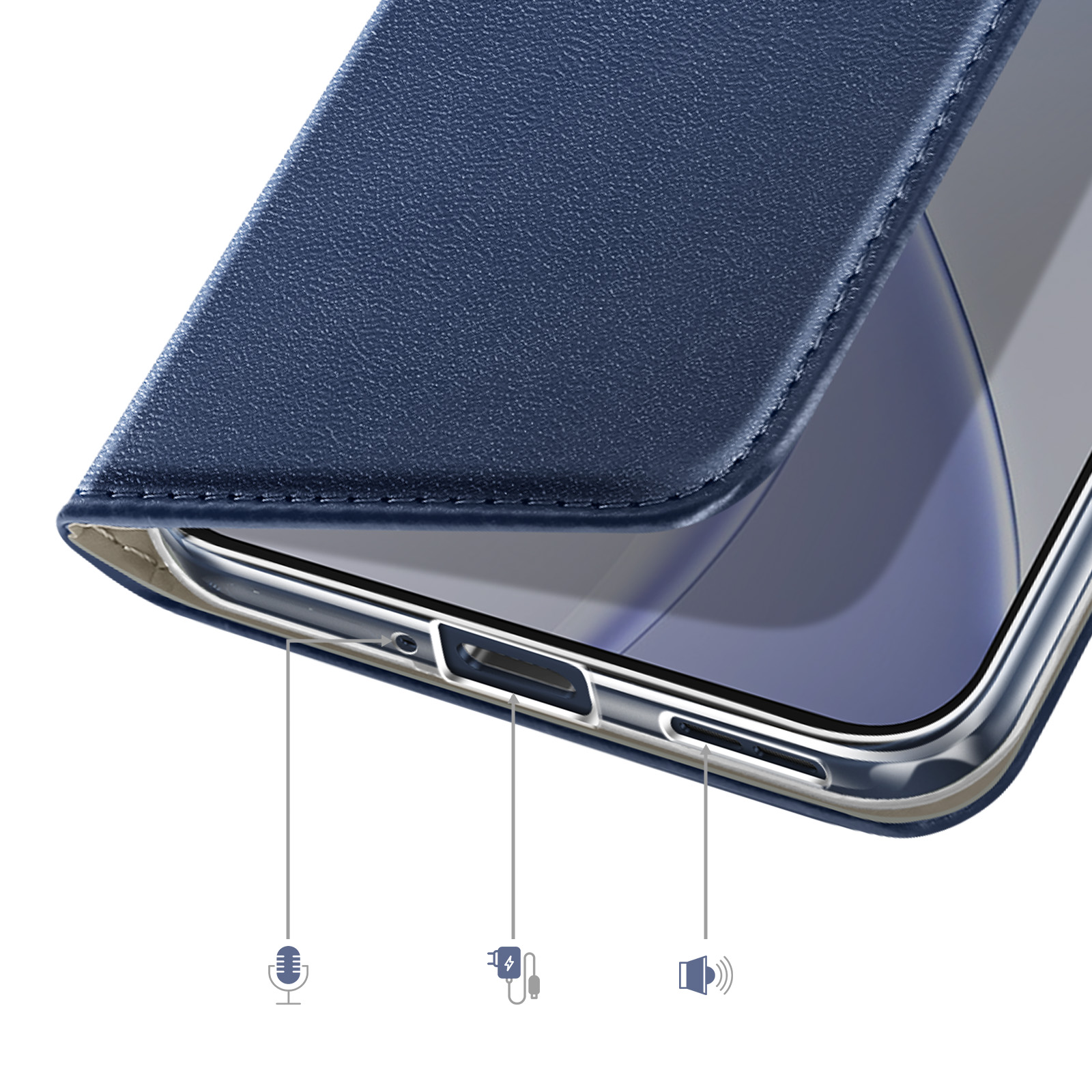 Étui de téléphone bleu foncé avec icônes micro, charge et haut-parleur.